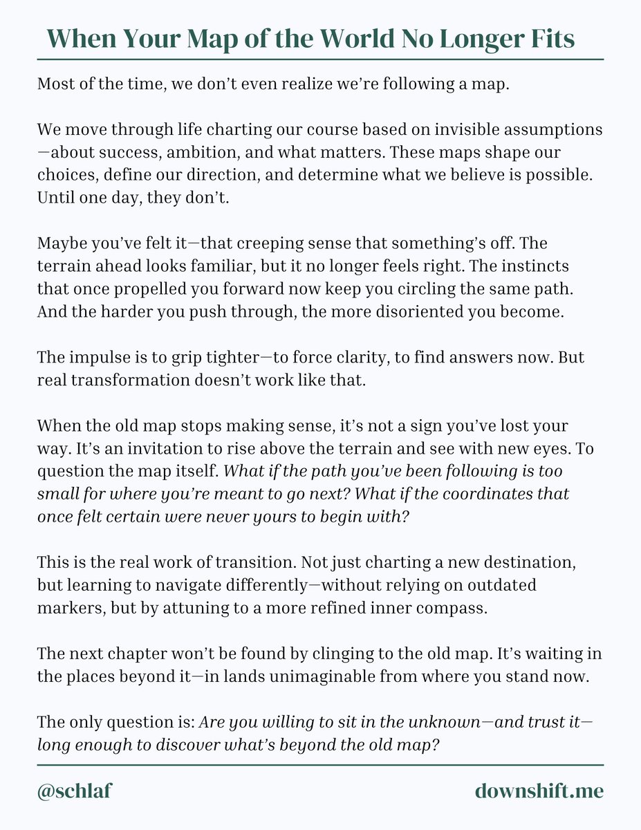 schlaf's tweet image. Most ambitious professionals don’t realize they’re following a map—until it stops making sense.

This is why we&apos;re building Downshift—to help founders, executives, and makers recalibrate their inner compass when the old map no longer fits.