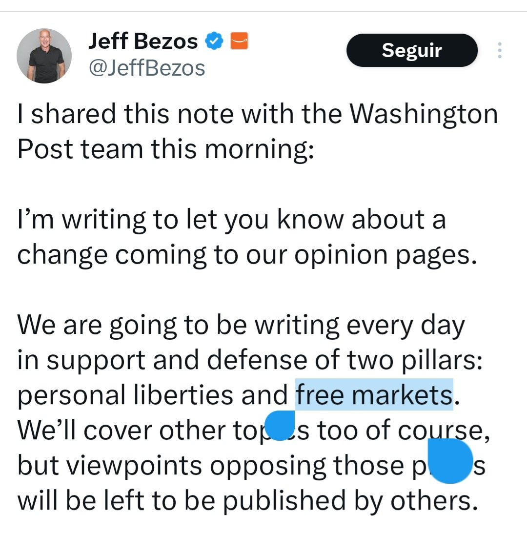 BenjaminNorton's tweet photo. One of the world's richest billionaire oligarchs, Amazon founder Jeff Bezos, bought one of the most influential newspapers, the Washington Post, and is demanding that it publish propaganda to promote "free markets" (read: policies that make the rich even richer, like tax cuts, deregulation, and privatization).

If editors don't want to be a propagandist for oligarchs like him, they are getting pushed out of the newspaper.

There can be no true freedom of expression when capitalist oligarchs control all of the means of communication (including this website). If these robber barons don't like your viewpoint, they censor you.

In capitalist USA, only ultra-wealthy oligarchs truly have "freedom of speech".