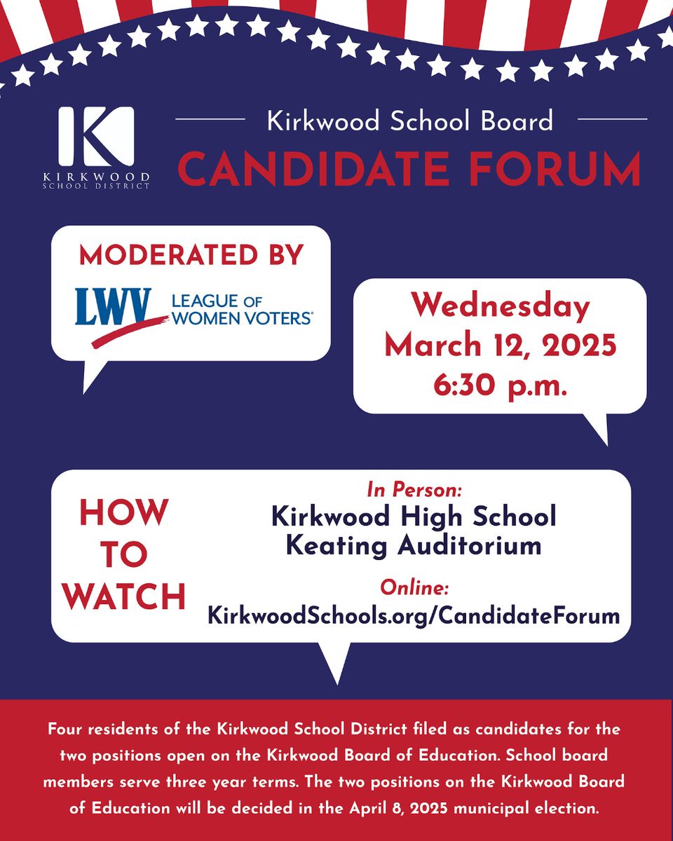 Two weeks from today, join the KSD Candidate Forum hosted by the STL League of Women Voters on March 12, 6:30-7:30 PM at KHS Keating Theatre