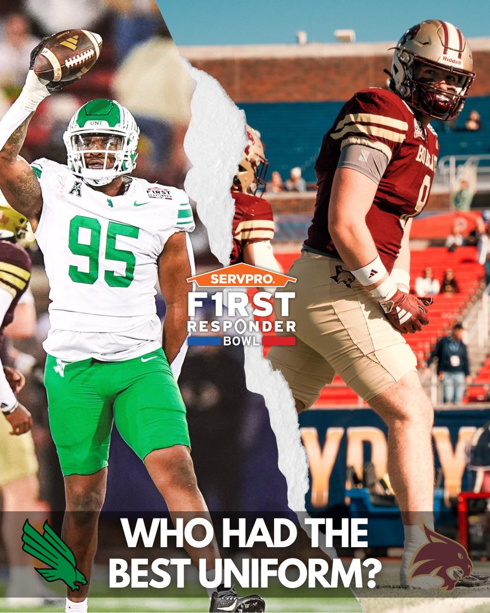 Bowl Season (@bowlseason) on Twitter photo Who had the best uniform at the <a href="/FRBowl/">First Responder Bowl</a>? <a href="/MeanGreenFB/">UNT Football</a> or <a href="/TXSTATEFOOTBALL/">Texas State Football</a>? 🤔👇 Who had the best uniform at the <a href="/FRBowl/">First Responder Bowl</a>? <a href="/MeanGreenFB/">UNT Football</a> or <a href="/TXSTATEFOOTBALL/">Texas State Football</a>? 🤔👇