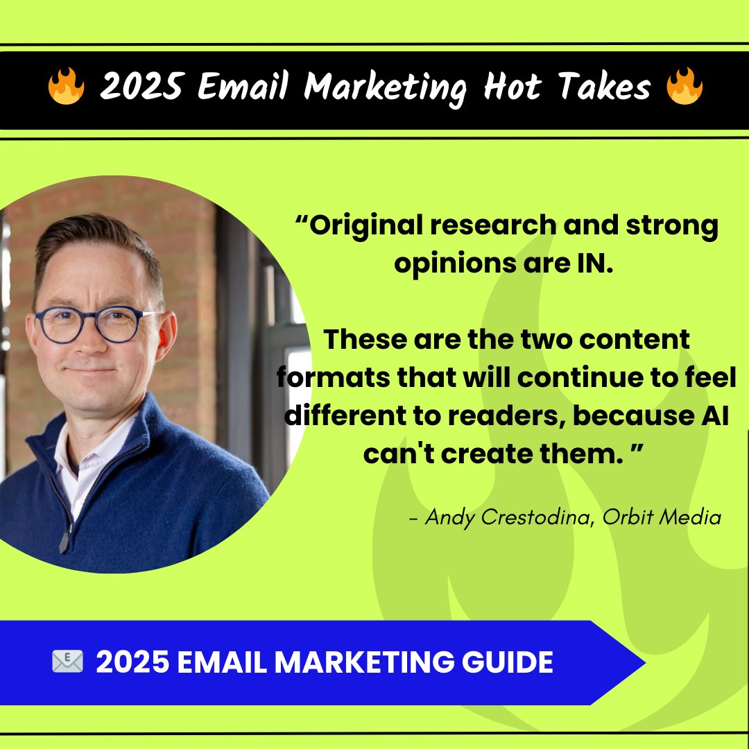 CustomersAI (@customersai) on Twitter photo š© What's in when it comes to email this year?
<a href="/crestodina/">Andy Crestodina</a> says original research and strong opinions are the key to standing out in a flood of AI-generated content.
Get this and 75+ more insights from your favorite email marketers š customers.ai/r/email-market⦠š© What's in when it comes to email this year?
<a href="/crestodina/">Andy Crestodina</a> says original research and strong opinions are the key to standing out in a flood of AI-generated content.
Get this and 75+ more insights from your favorite email marketers š customers.ai/r/email-marketā¦