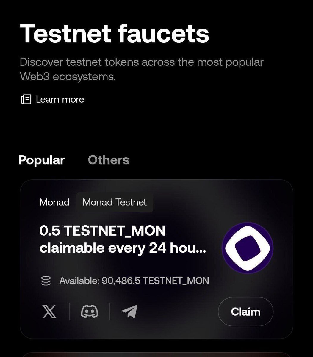 🧵 <a href="/monad_xyz/">Monad</a> Faucets

🪡 Here are list of sites you can claim Monad test Token from 

Claim faucet monad 0.5 - 1 MON

🔗 testnet.monad.xyz

🔗 stake.apr.io/faucet

🔗 bima.money/faucet

🔗 owlto.finance/Faucet/Monad

🔗 gas.zip/faucet/monad

🔗