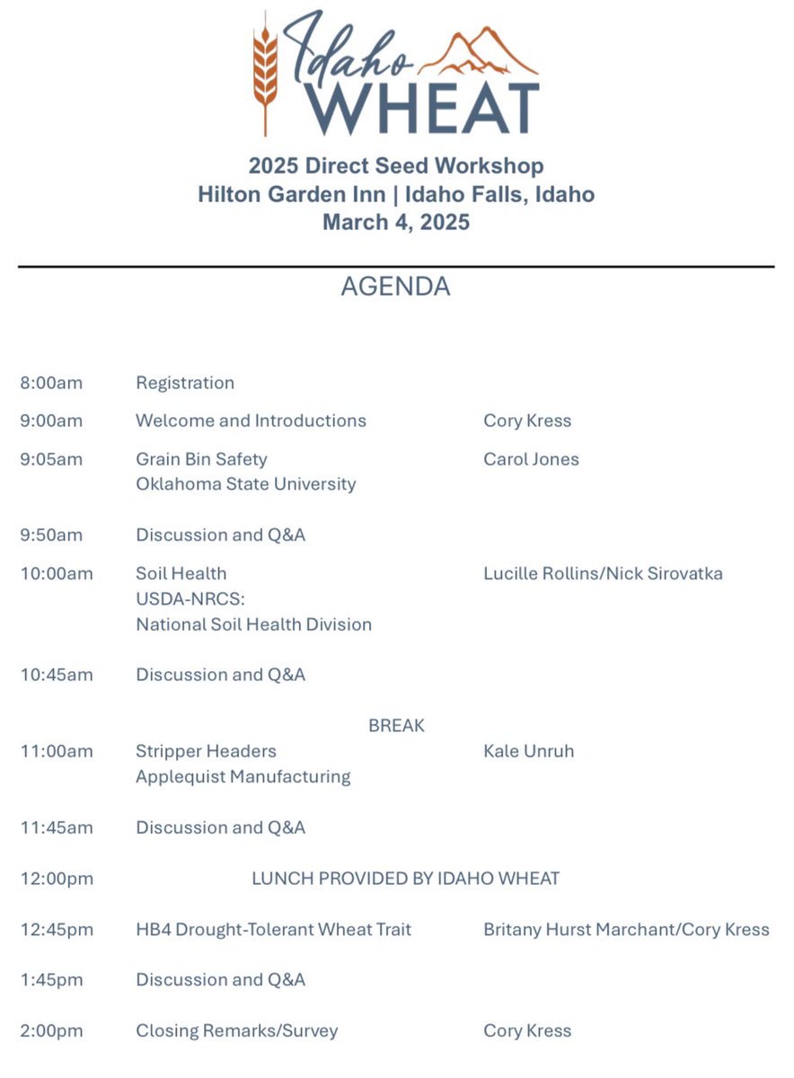 Take advantage of the early bird pricing for the Direct Seed Workshop coming up next Tuesday, March 4th. 
Register today and save $10. Use the link below to register. We can’t wait to see you there!
idahowheatcommission.ticketspice.com/direct-seed-wo…