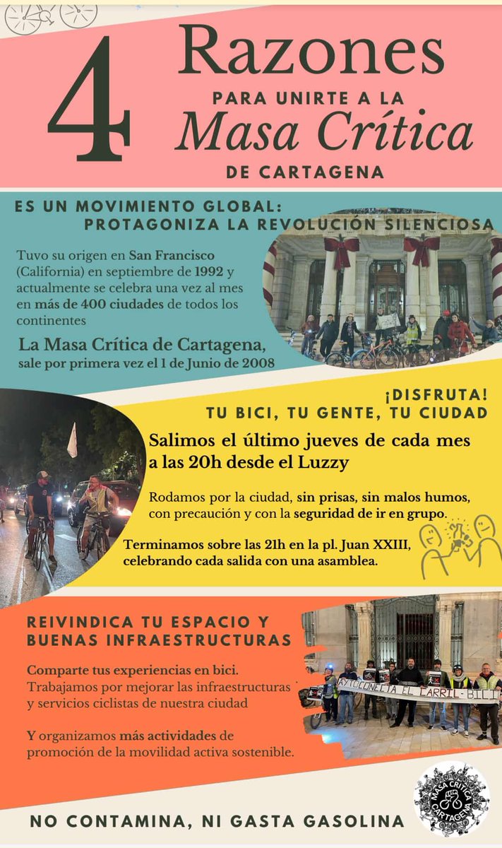 Mañana vuelve cómo todos los últimos jueves de cada mes...
La MasacriticaCt 
Paseo festivo/reivindicativo
Pedimos q se mejore la infraestructura para coger la bici, o la lucha VS el #cambioclimatico, etc. #NossobranlosMotivos 
#PiensoLuegoPedaleo
#CriticalMass
#MasaCritica