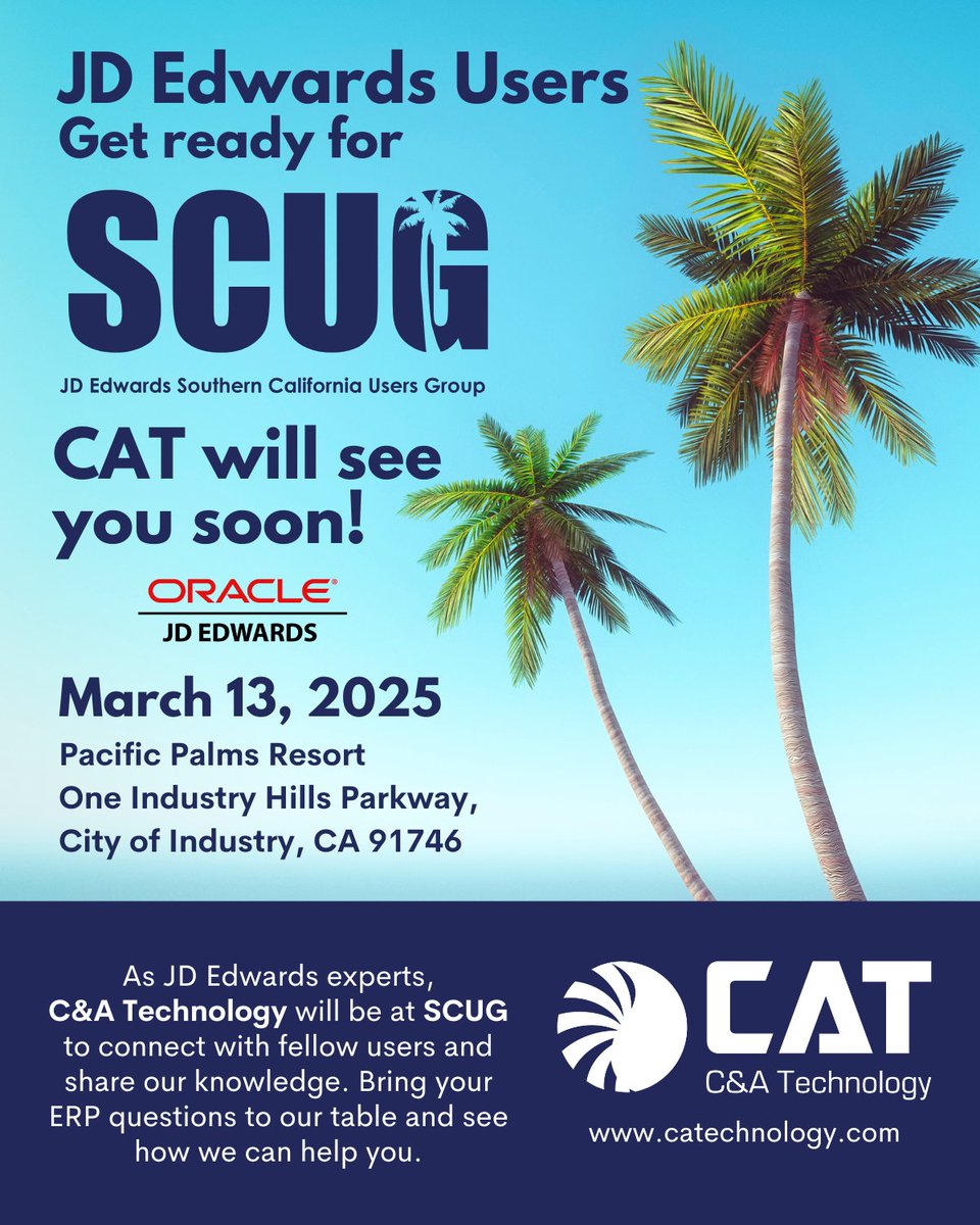 CATechnologyLLC's tweet image. 🚀 Mark your calendars! C&A Technology is heading to #SCUG2025 at Pacific Palms Resort, March 13, 2025. Come chat with our #JDEdwards experts! Let's optimize your ERP.  jdescug.org/meet-reg1.php?…
.
.
.
#ERPExperts #CATechnology #OracleJDE #SCUG