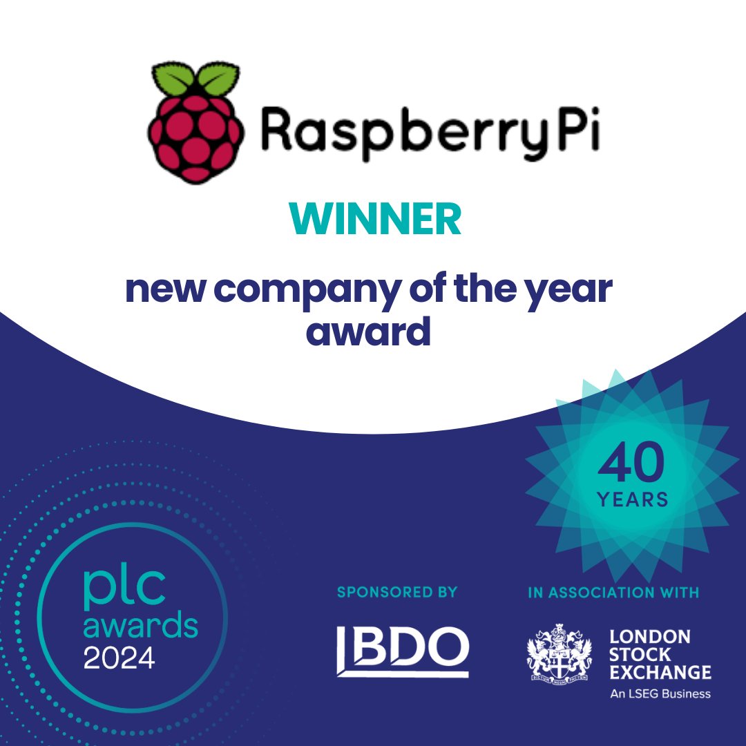 Please join us in congratulating tonight's winner of the New Company of the Year Award, sponsored by <a href="/Edison_Inv_Res/">Edison</a>... Well done <a href="/Raspberry_Pi/">Raspberry Pi</a> on their very well deserved win! #plcawards #winner #plcis40