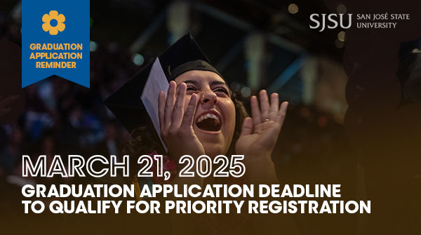 📣Seniors, don’t miss out!📣

Apply by March 21st and you may be eligible for priority registration! 

Check your eligibility and learn how to apply for Graduation by visiting: 
sjsu.edu/registrar/grad…