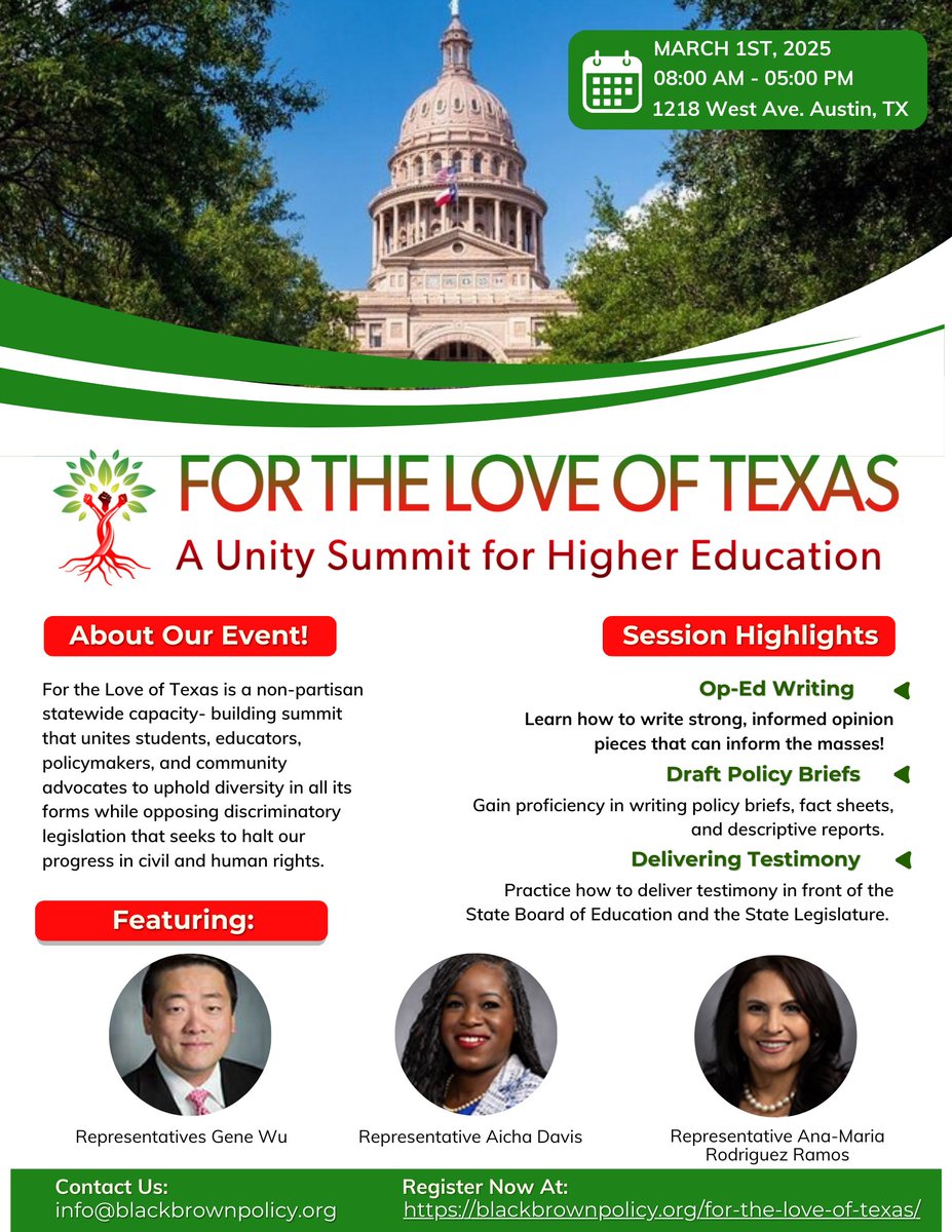 🚨 Big News! 🚨
We’re thrilled to welcome Texas Reps. Gene Wu, Aicha Davis &amp; Ana-Maria Rodriguez Ramos to the For the Love of Texas (FLOT) State Unity Summit! 🎤✨
📅 March 1, 2025
⏰ 8 AM – 5 PM
📍 ACC Rio Grande Campus, Austin