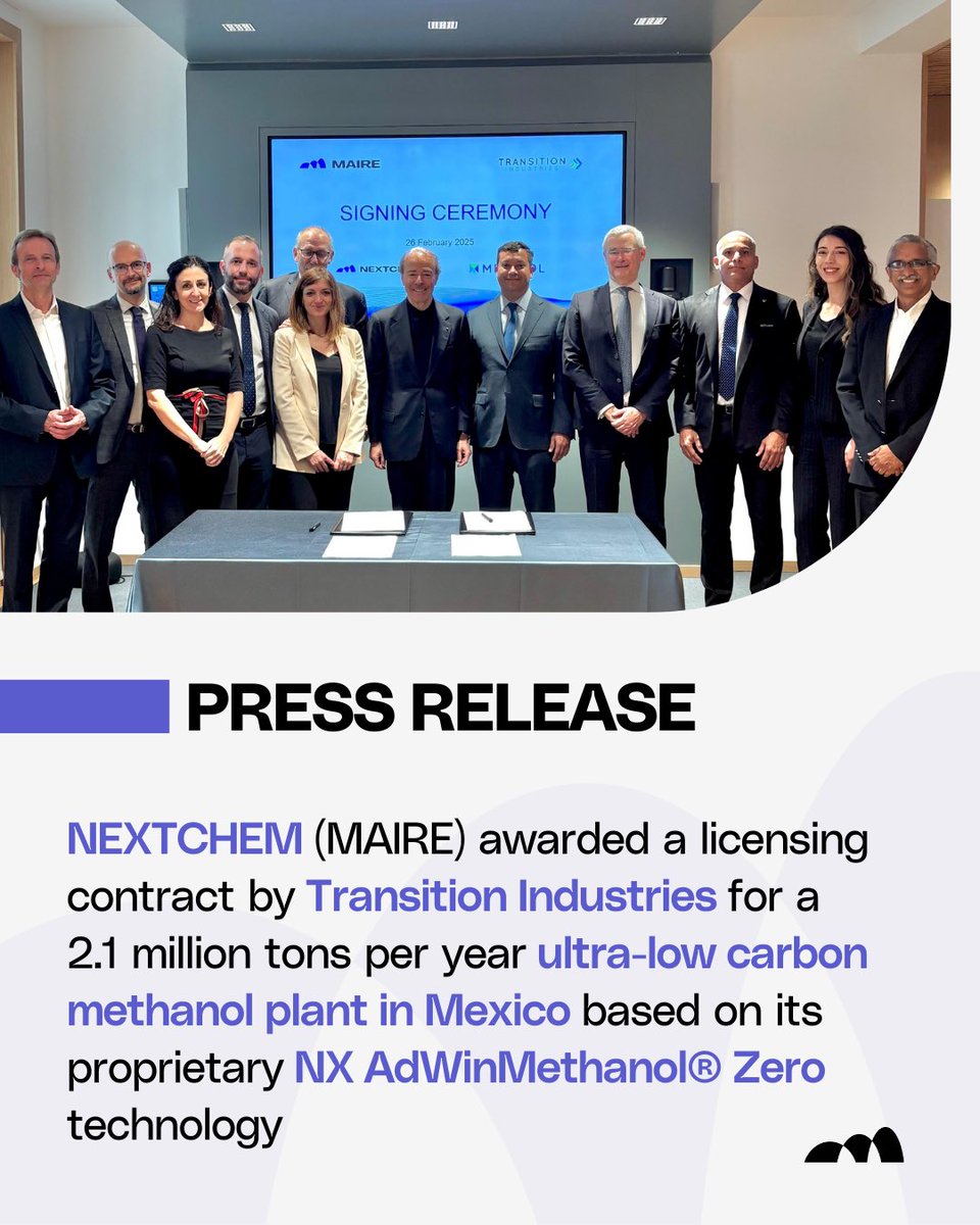 📢 <a href="/NextChem_MT/">NEXTCHEM</a>'s subsidiary KT Tech has been awarded a licensing contract for the implementation of the proprietary NX AdWinMethanol® Zero technology for Pacifico Mexinol, an ultra-low carbon methanol facility on the Pacific coast of Mexico ⏩ groupmaire.com/en/newsroom/pr…