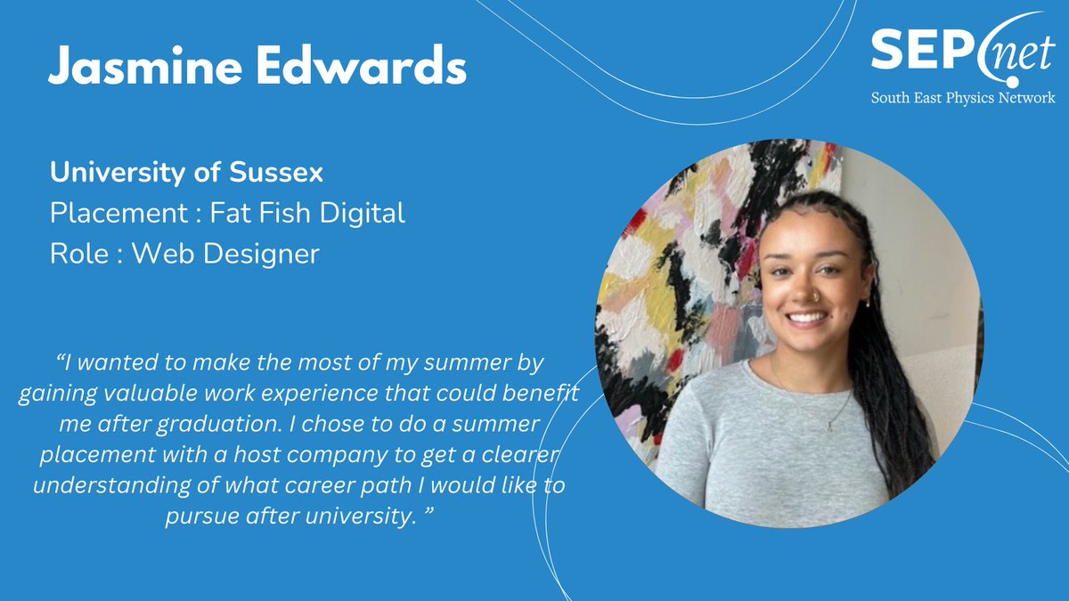 SouthEastPhysics (@sephysics) on Twitter photo Meet Jasmine, who's work placement was as web designer <a href="/fatfishdigital/">Fat Fish Digital</a> read her story 👉tinyurl.com/bde9fc35 #NationalCareersWeek #NCW2025 #physicsjobs <a href="/PhysicsAtSussex/">Physics at Sussex</a> Meet Jasmine, who's work placement was as web designer <a href="/fatfishdigital/">Fat Fish Digital</a> read her story 👉tinyurl.com/bde9fc35 #NationalCareersWeek #NCW2025 #physicsjobs <a href="/PhysicsAtSussex/">Physics at Sussex</a>