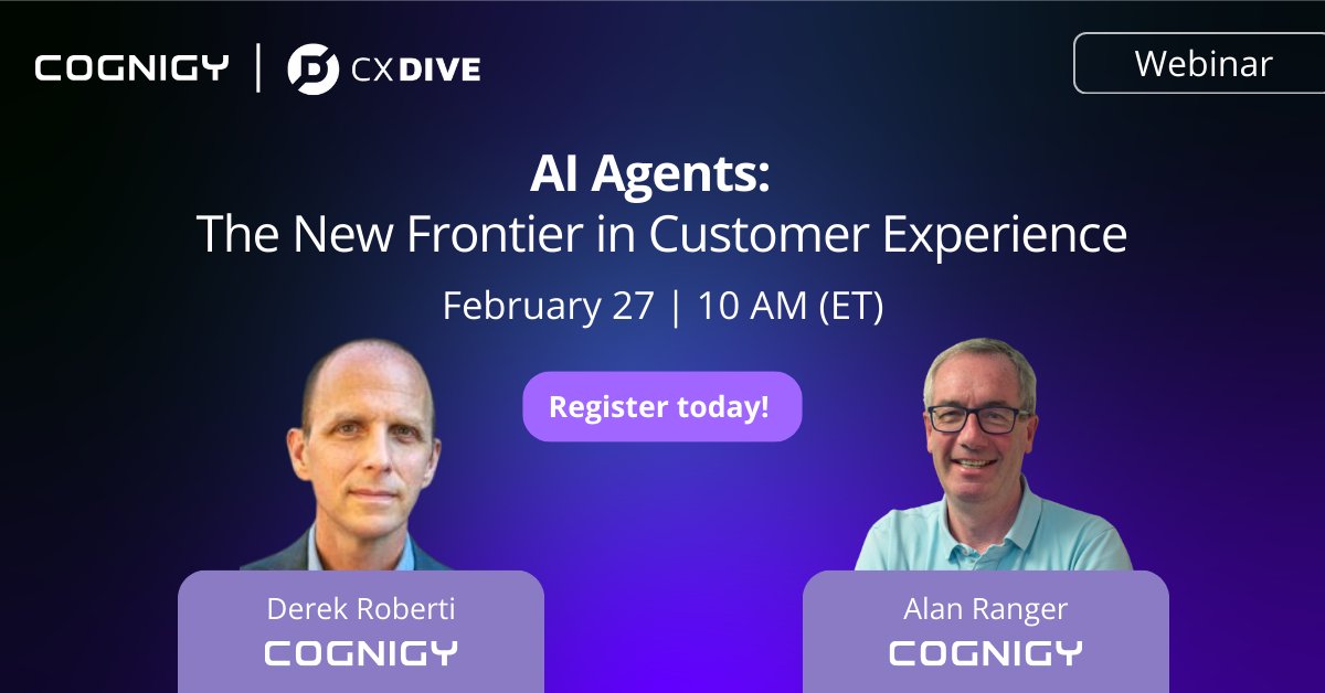 Reminder: Only 1 day left!
Join our AI webinar tomorrow to learn how top brands like Toyota &amp; Lufthansa are transforming customer experience. Get your actionable roadmap for AI success.

Register now: hubs.la/Q038jrNb0

#AIAgents #ConversationalAI #Cognigy #CXDive