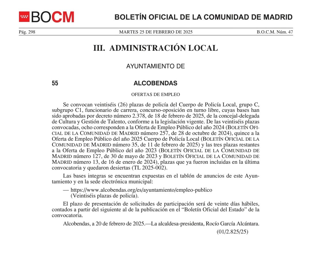 Quieres ser Policía Local en #Alcobendas?.👮‍♂️👮‍♀️👮‍♂️👮‍♀️ 
👉Publicado en el BOCM la oferta de empleo público para policía.
👉 26 Plazas mas las vacantes que se produzcan.
👉 En breve se publicará la convocatoria en el BOE.
👉Cumple tu sueño.
#SomosParteDeTi.
