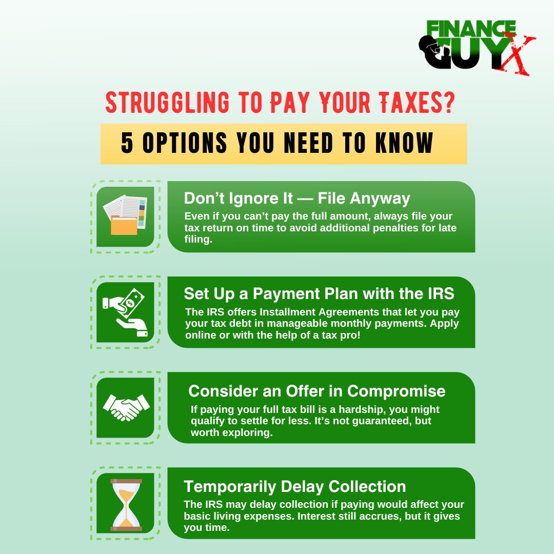 FinanceGuyX's tweet photo. Struggling with tax payments? Check out these 4 must-know options that can help you navigate your way through! You've got this! 💪🧾
#TaxTime #PlanAhead #SmartFiler #TaxSeasonSuccess #TaxExperts #MaximizeYourRefund #StressFreeTaxSeason #TaxSeasonReady #DistrictOfColumbia #Maryland #Virginia
