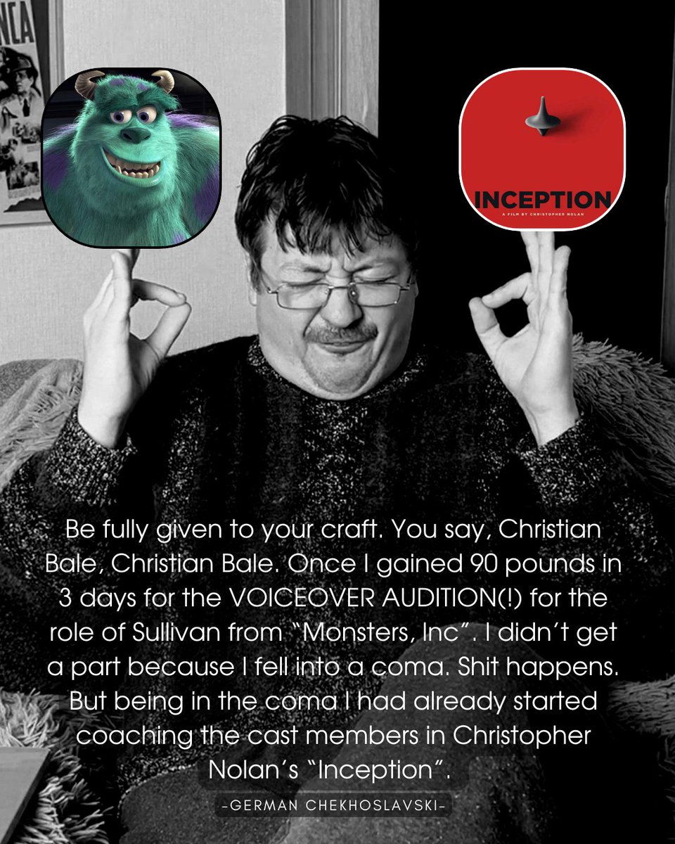 Don’t tell me that acting is hard!
#germanchekhoslavski #acting #monstersinc #sullivan #pixar #christophernolan #inception #actingcoach