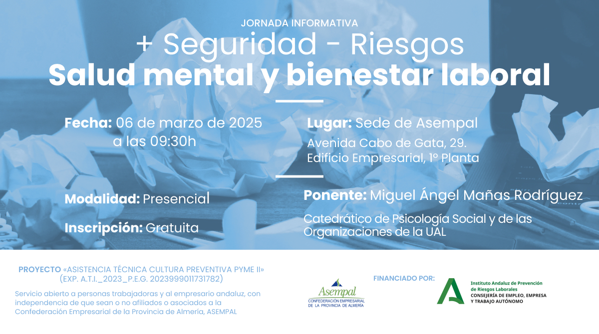 ASEMPAL (@asempal) on Twitter photo 📢 6/03/25 jornada informativa #SaludMental y bienestar laboral, +Seguridad -Riesgos. Claves y estrategias para fomentar un ambiente de trabajo más saludable. Inscripción gratuita 👉goo.su/o9Usys.
🔹Proyecto Asistencia técnica cultura preventiva Pyme II. <a href="/IAPRL/">Inst. Andaluz de Prevención de Riesgos Laborales</a> 📢 6/03/25 jornada informativa #SaludMental y bienestar laboral, +Seguridad -Riesgos. Claves y estrategias para fomentar un ambiente de trabajo más saludable. Inscripción gratuita 👉goo.su/o9Usys.
🔹Proyecto Asistencia técnica cultura preventiva Pyme II. <a href="/IAPRL/">Inst. Andaluz de Prevención de Riesgos Laborales</a>
