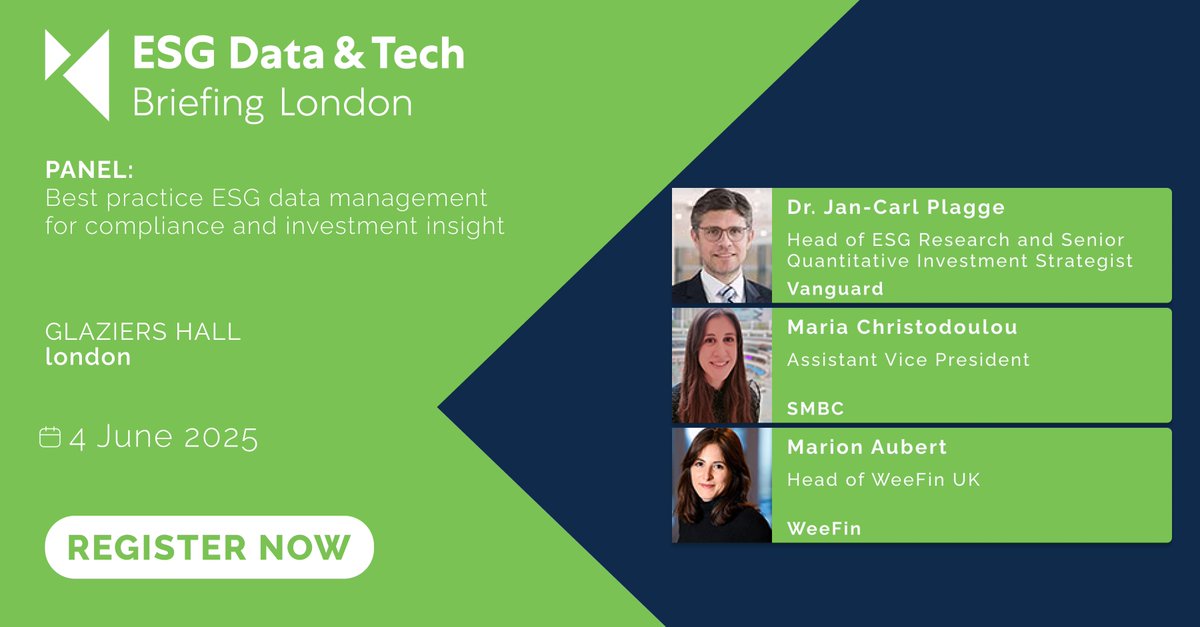 Join us at ESG Data &amp; Tech Briefing London on 4th June  for this panel discussion on 'Best practice ESG data management for compliance and investment insight', with speakers from <a href="/Vanguard_Group/">Vanguard</a>, SMBC &amp; <a href="/weefin_/">WEEFIN</a>

Open to FIs only, register:
a-teaminsight.pulse.ly/lqmmfhcgkj

#ESGSummit