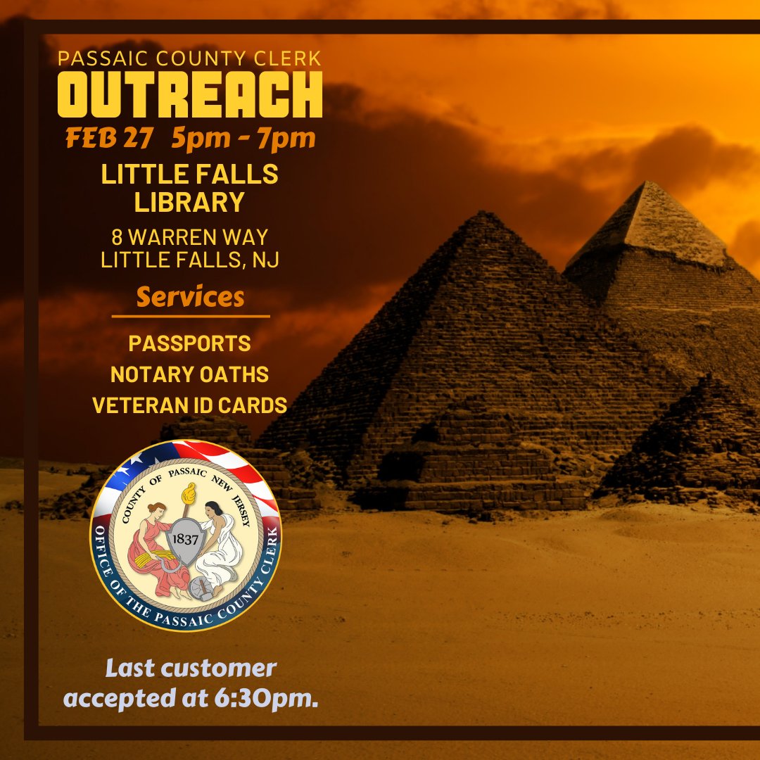 The Passaic County Clerk Outreach Program is coming to Little Falls tomorrow.  Book your appointment online smpl.is/a2ocl #NJ #LittleFalls