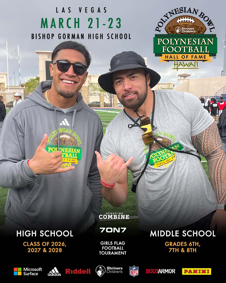 🚨ATTENTION INVITEES… DEADLINE APPROACHING!   
Just three weeks away until the Polynesian Bowl Combine &amp; Showcase in Las Vegas! Current and former NFL players will serve as coaches.

Over 300 are registered thus far! Limited roster positions remain...

QB - 7
RB - 5
WR - 11
TE -