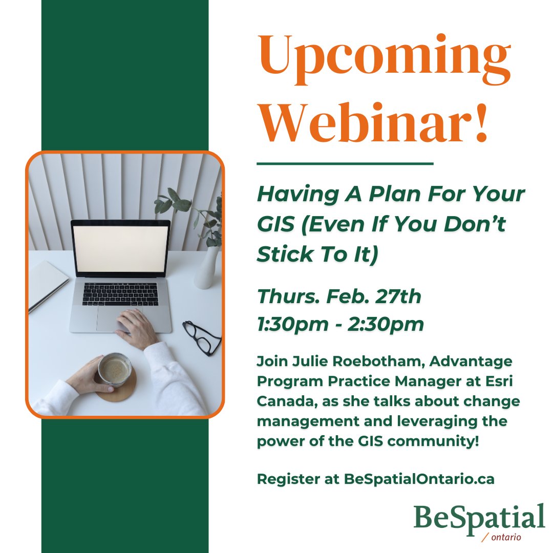 Upcoming webinar! Having A Plan For Your GIS (Even If You Don't Stick To It) with Julie Roebotham. Thurs. Feb. 27, 1:30pm - 2:30pm⠀
⠀
Register today! bit.ly/3QG6hR3 
⠀
This webinar qualifies for CPD professional credits and GISP credits!