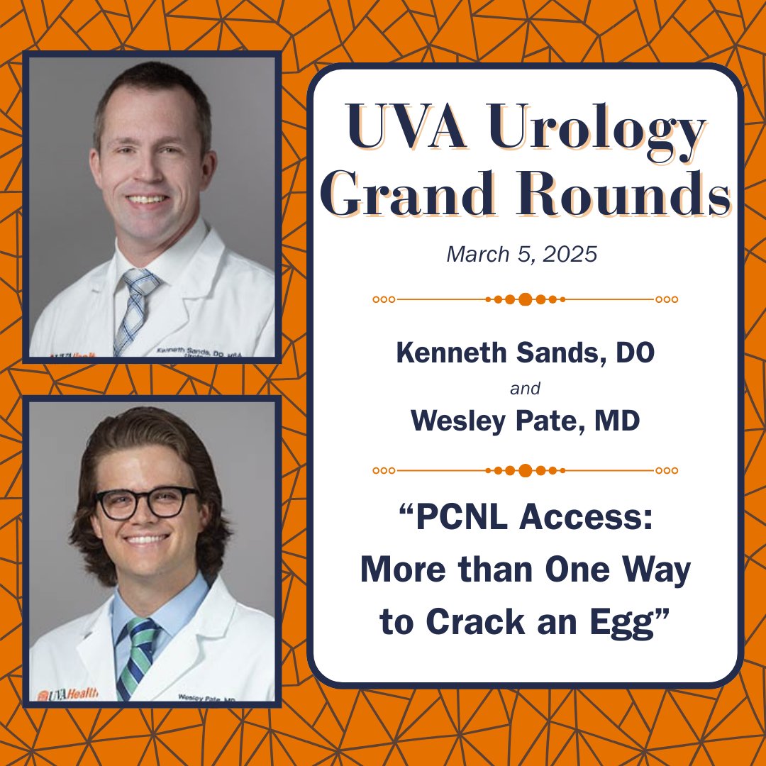 UVA Urology (@uvaurology) on Twitter photo Our next #GrandRounds feature <a href="/SandsDO/">Ken Sands, DO, MBA</a> and <a href="/wesleypatemd/">Wesley Pate</a> presenting "PCNL Access: More than One Way to Crack an Egg." Wednesday, March 5, 2025 - don't miss it! Our next #GrandRounds feature <a href="/SandsDO/">Ken Sands, DO, MBA</a> and <a href="/wesleypatemd/">Wesley Pate</a> presenting "PCNL Access: More than One Way to Crack an Egg." Wednesday, March 5, 2025 - don't miss it!