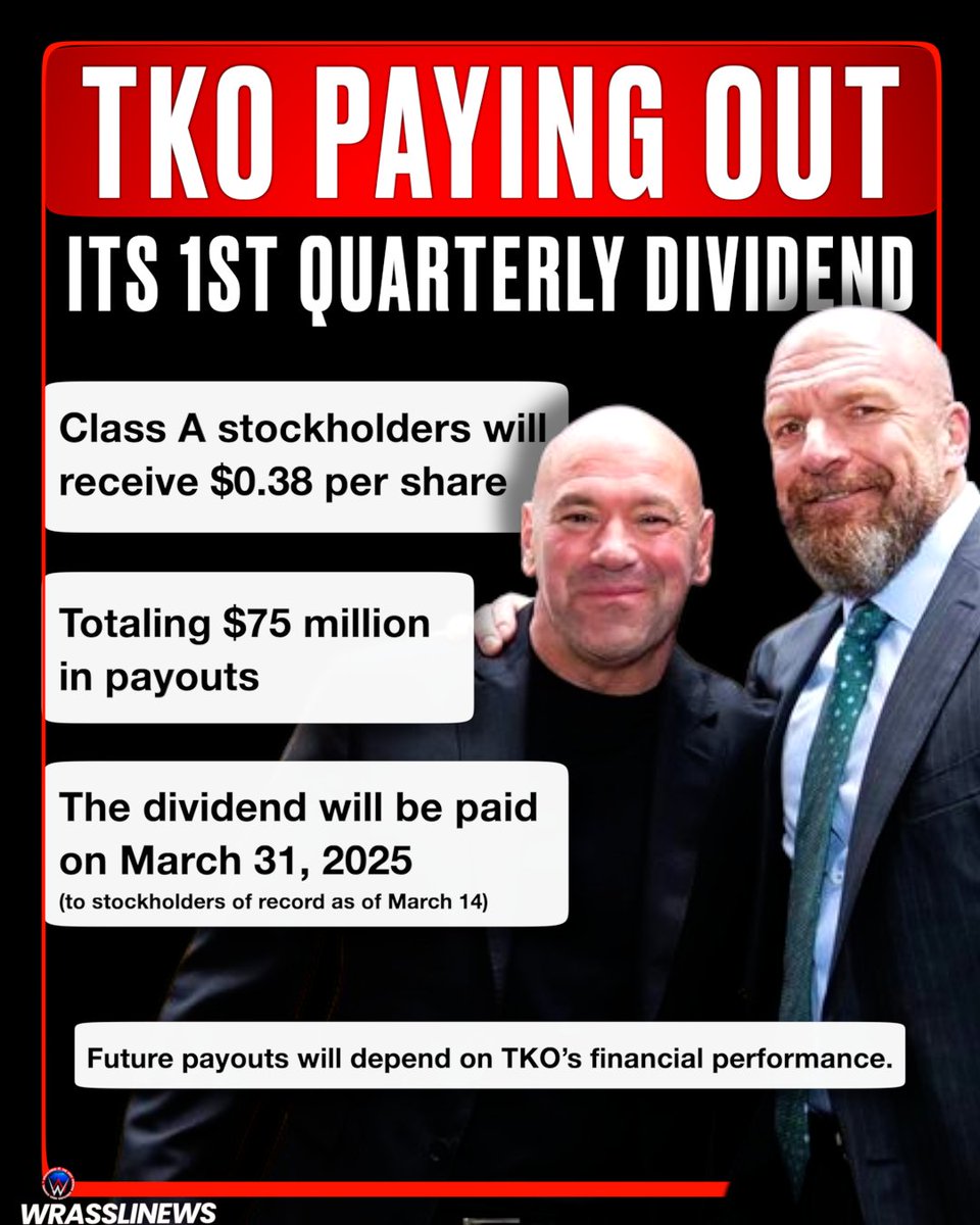 WWE’s parent company TKO is paying out $75M in dividends—$0.38 per share! 📈💵

Class A stockholders get paid on March 31, 2025 (must own shares by March 14).