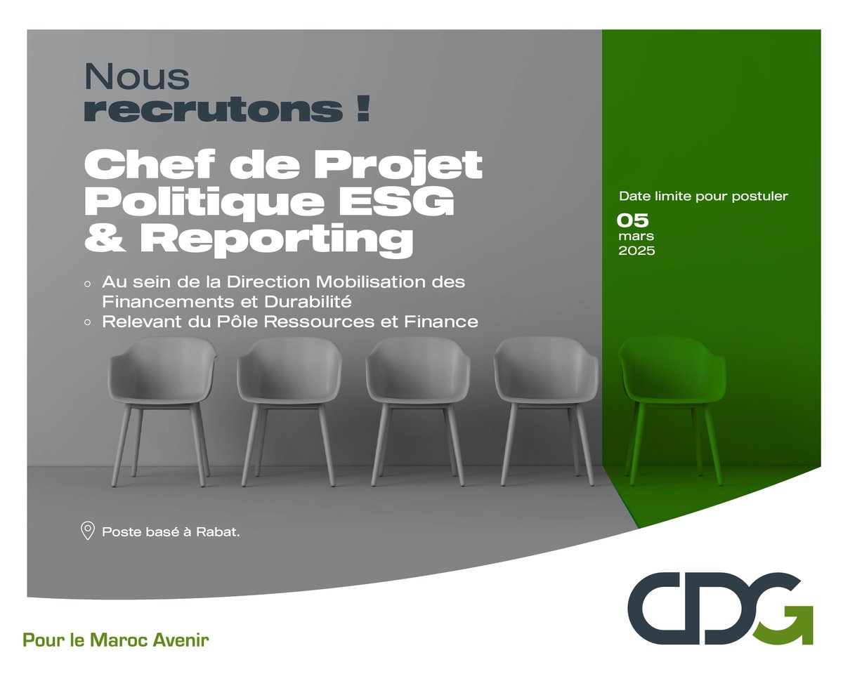 La CDG cherche à pourvoir un poste de Chef de Projet Politique ESG &amp; Reporting, au sein de la Direction Mobilisation des Financements et Durabilité, relevant du Pôle Ressources et Finance.

Postulez via le lien suivant avant le 05 Mars 2025 :  recrutement.cdg.ma/Agirhcv/Partag…
