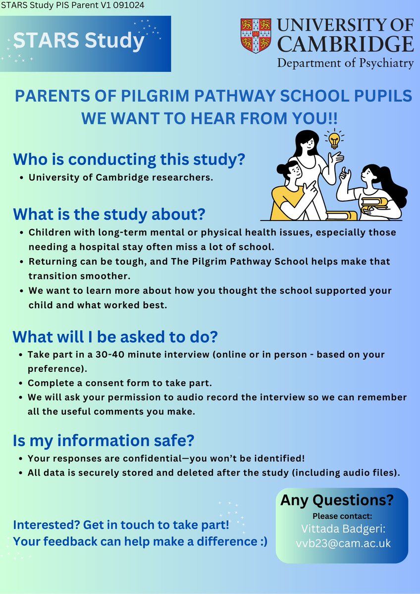 Are you a parent or carer whose child is receiving hospital treatment with Cambridge University Hospitals or CPFT? Please  contact Vittada Badgeri vvb23@cam.ac.uk or Helen Casey  hc568@cam.ac.uk or Jo Anderson jpa44@cam.ac.uk to get involved in this study👇