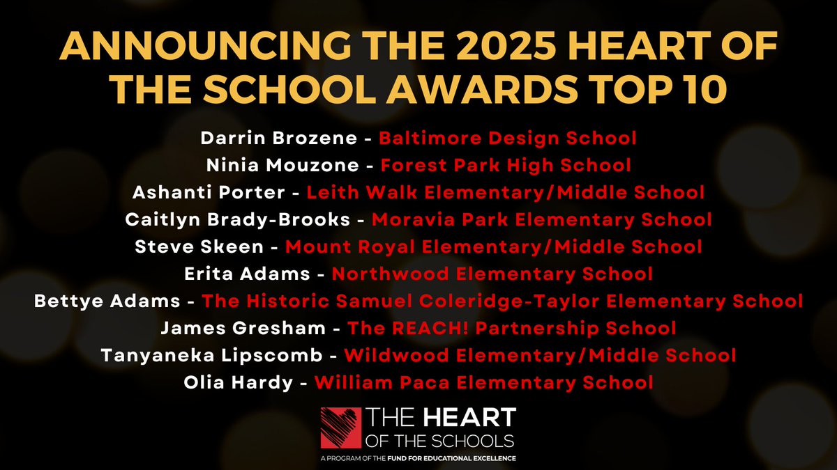 TheFundBalt's tweet photo. A big congratulations to the 2025 Heart of the School Awards Top 10! 🎉 In the coming weeks, we’ll be revealing the five Heart of the School Award winners and five Honorees, chosen from this incredible group of @baltcityschools principals. Stay tuned! https://t.co/mYtfF1XWTx