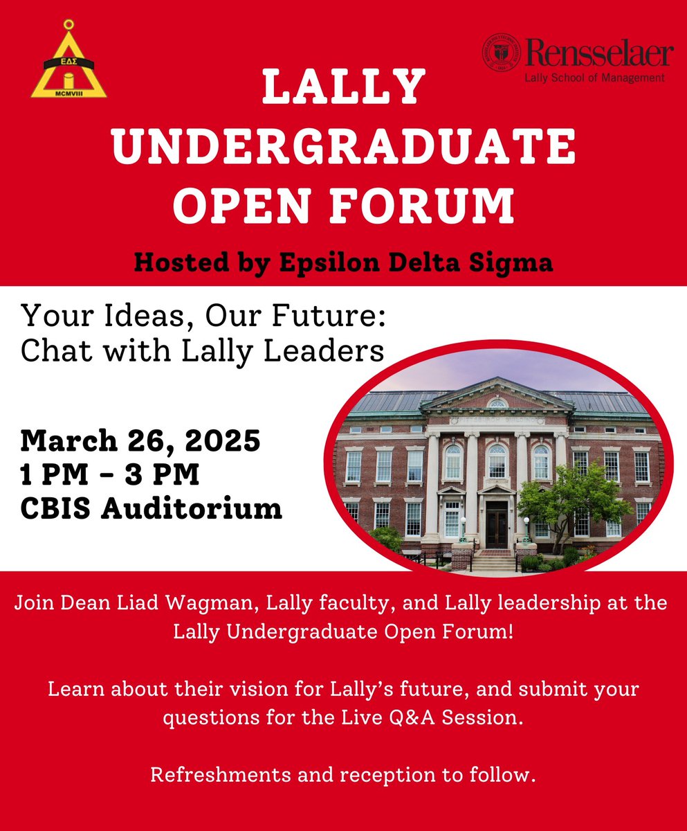 RPILally's tweet image. Join us at the Lally Undergraduate Open Forum hosted by Epsilon Delta Sigma 📢

Don’t miss this opportunity to make your voice heard and share your vison with Lally Leadership! ✨ 

#LallyMeansBusiness  #OpenForum #FutureLeaders