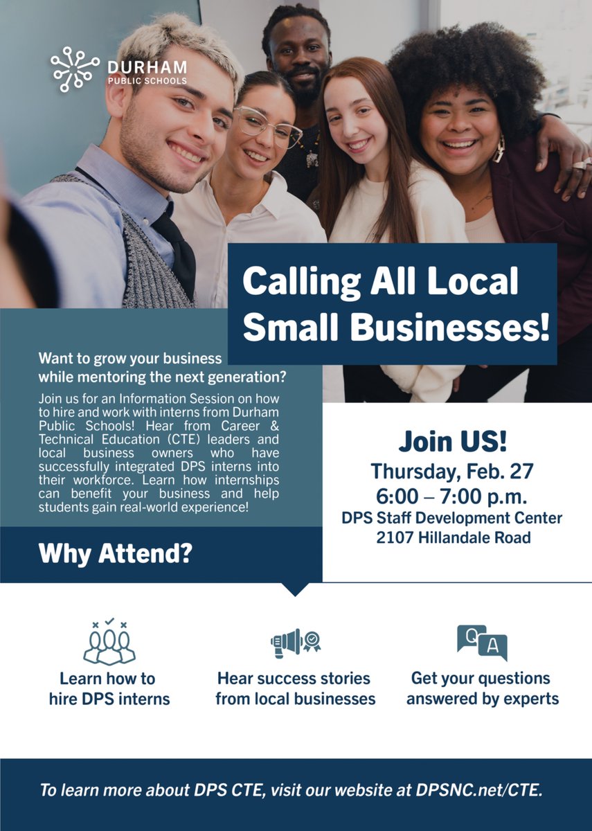🚀 Calling All Local Small Businesses! 🚀
Want to grow your business while mentoring the next generation? Join us for a DPS Internship Info Session!

Learn how to hire DPS interns, hear success stories &amp; connect with CTE leaders! 🙌

🔗 RSVP now! forms.gle/ZcRUX5nTGf3zE5…
