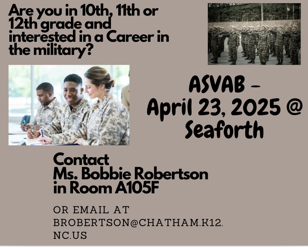 Seaforth Hawks - It is Spring ASVAB time!  If you would like to register for the ASVAB, please reach out to Ms. Robertson in Room A105F or brobertson@chatham.k12.nc.us.