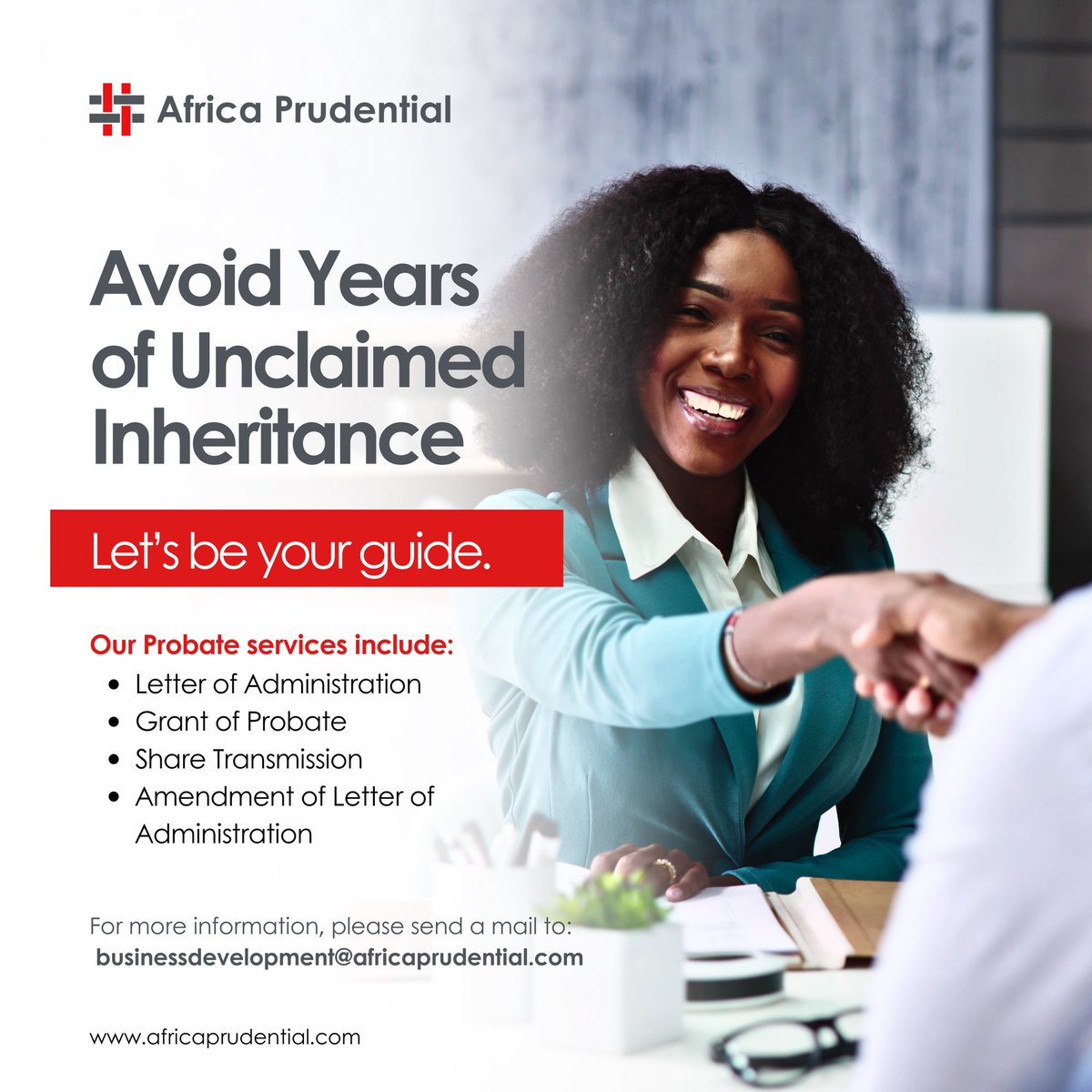 afriprud's tweet image. Fast-Track your probate process with our expert guidance! 

Reach out to us via businessdevelopment@africaprudential.com and claim what’s rightfully yours.

#ProbateMadeEasy #AfricaPrudential #ProbateService