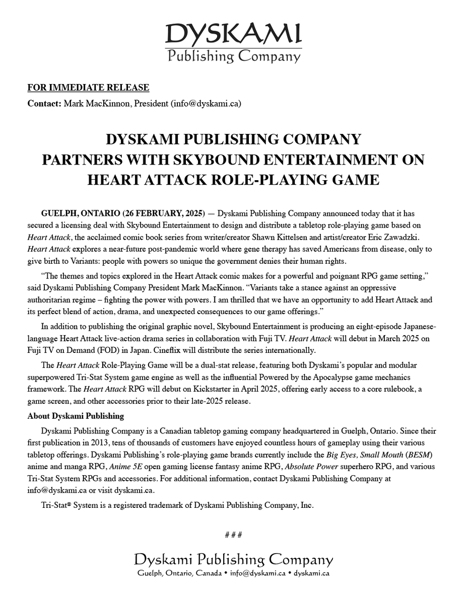 BREAKING! Dyskami has secured a licensing deal with Skybound Entertainment to publish an RPG based on Heart Attack, the comic book series from Shawn Kittelsen and Eric Zawadzki.
The game will be dual statted: Powered by the Apocalypse and Tri-Stat System
dyskami.ca/news.html#2025…