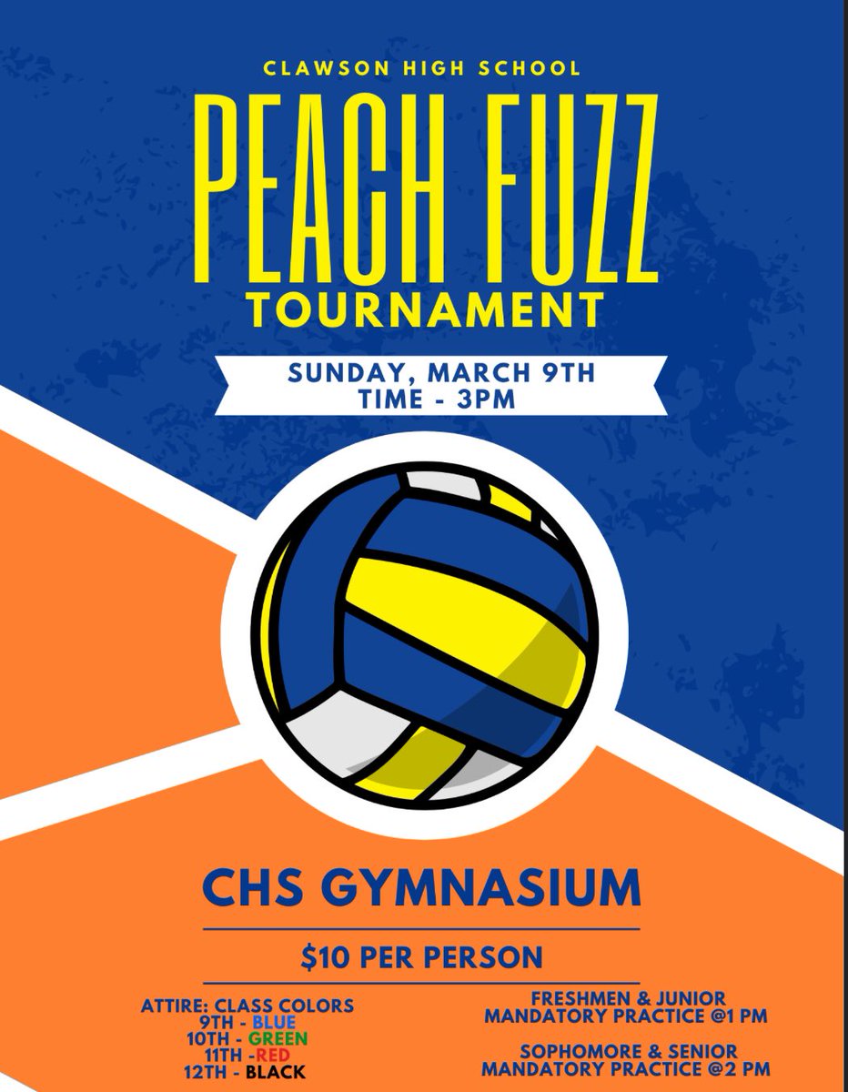 ClawsonNhs's tweet photo. Our annual peach fuzz tournament is happening on Sunday March 9th. It costs $10 to play. Players must pay before they can play and attend practice. It is $5 entry to watch the games. Link to the sign up is in your google classroom. https://t.co/9YZ6Mx9pFQ