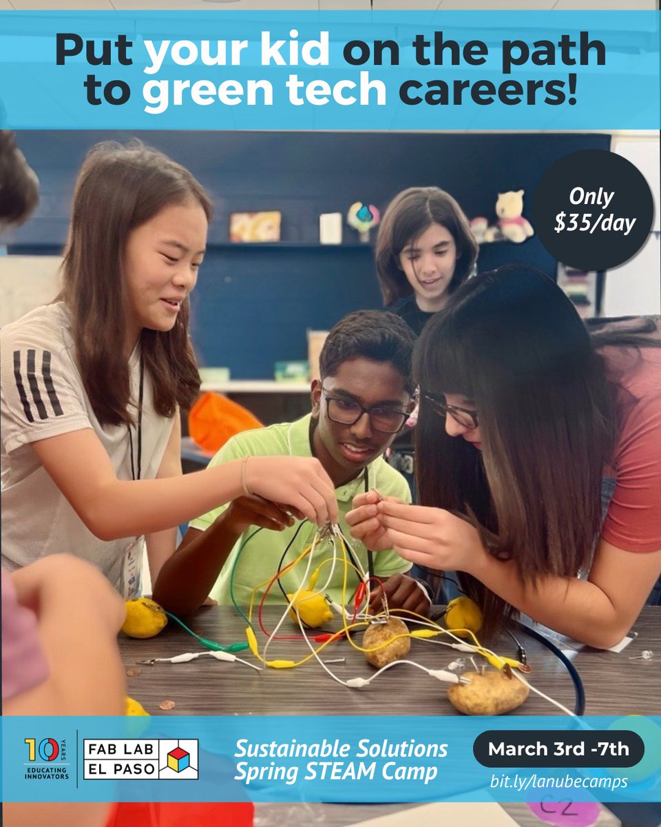 FabLabEP's tweet photo. π±β¨ #SpringBreak fun awaits! Register for our Sustainable Solutions STEAM Camp (Grades 6-12) & explore green engineering + environmental awareness through hands-on experiments!
Sign up here: https://t.co/LtYuOcfTPt
πTaking place at @LaNube915
#KidsCamps #ElPasoEvents https://t.co/Fvj4H7PBWn