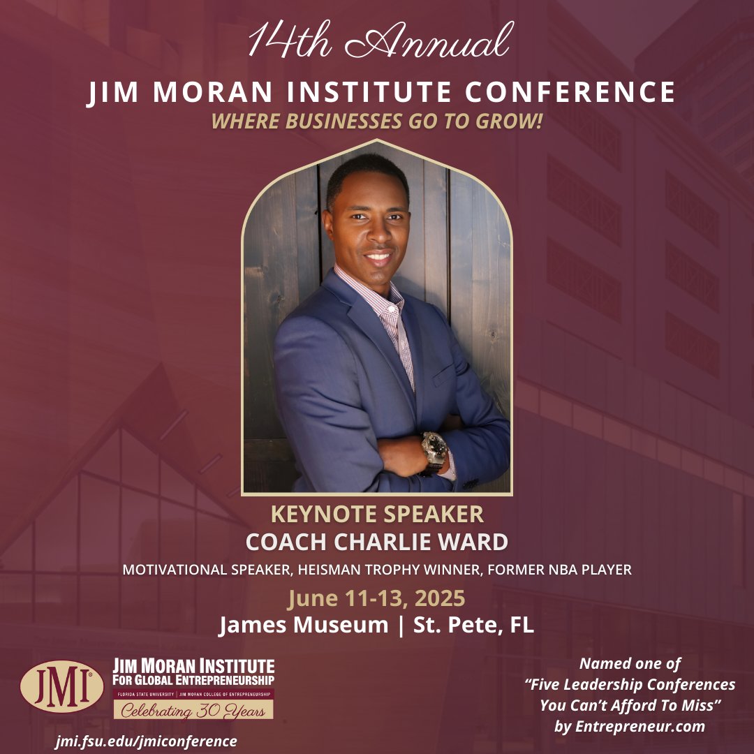 We’re excited to welcome Heisman Trophy winner and former NBA player Charlie Ward as a keynote speaker at the 14th Annual Jim Moran Institute Conference!

June 11–13, 2025 | James Museum, St. Petersburg, Fla.

Register now: 🔗 jmi.fsu.edu/jmiconference

#JMIConference