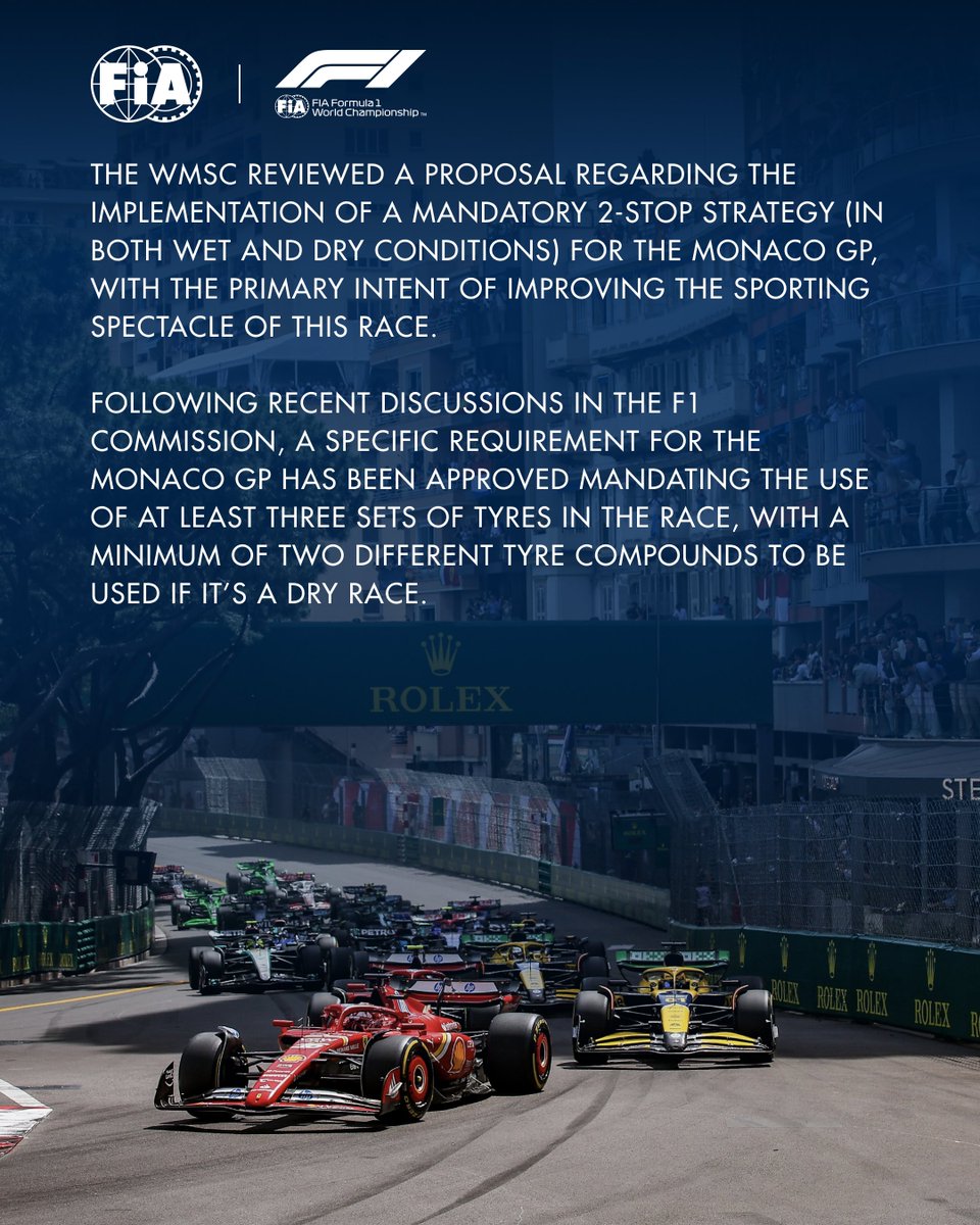 fiagirly's tweet image. BREAKING 🚨 | The FIA have confirmed that Monaco will become a mandatory two-stop race from this year onwards. #F1