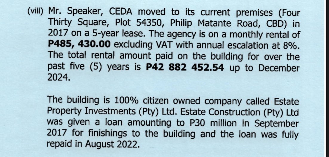 StizzyWizzyRay's tweet photo. So far CEDA has spent 42million pula on the CBD HQ building. Their rental is 485k per month. The property belong to the Sebina brothers.

They had taken a 30million pula loan from CEDA to complete it. That is a landlord borrowed from them to build &amp; rent to them. https://t.co/c8kPRwVZ2l