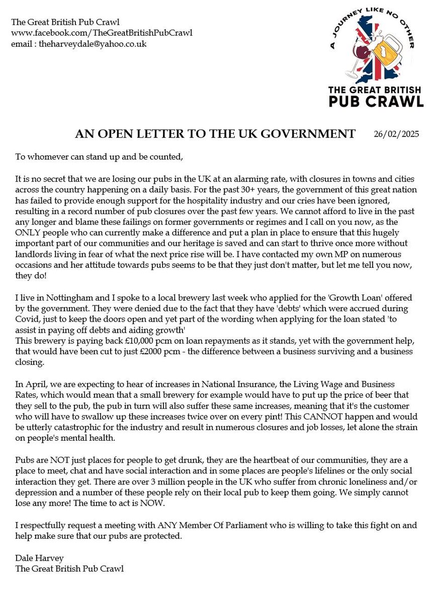 The Great British Pub Crawl (@theharveydale) on Twitter photo AN OPEN LETTER TO ALL MEMBERS OF PARLIAMENT & THE UK GOVERNMENT
<a href="/Keir_Starmer/">Keir Starmer</a> <a href="/UKLabour/">The Labour Party</a> <a href="/reformparty_uk/">Reform UK</a> <a href="/Nigel_Farage/">Nigel Farage MP</a> <a href="/Conservatives/">Conservatives</a> <a href="/LibDems/">Liberal Democrats</a>
THE TIME TO ACT IS NOW πΊ
#SaveOurPubs #SupportYourLocal AN OPEN LETTER TO ALL MEMBERS OF PARLIAMENT & THE UK GOVERNMENT
<a href="/Keir_Starmer/">Keir Starmer</a> <a href="/UKLabour/">The Labour Party</a> <a href="/reformparty_uk/">Reform UK</a> <a href="/Nigel_Farage/">Nigel Farage MP</a> <a href="/Conservatives/">Conservatives</a> <a href="/LibDems/">Liberal Democrats</a>
THE TIME TO ACT IS NOW πΊ
#SaveOurPubs #SupportYourLocal