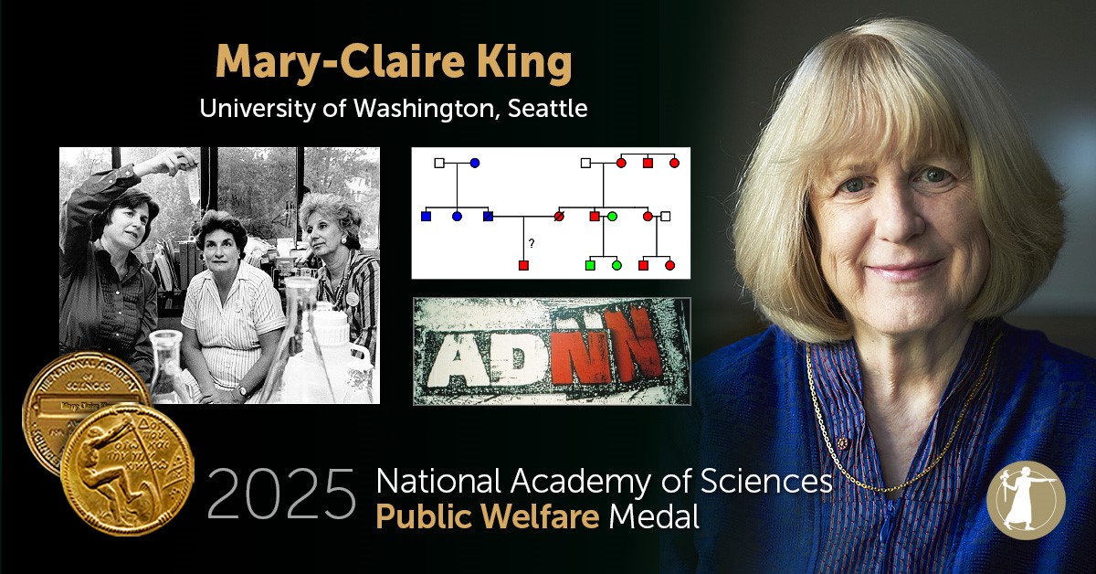 National Academy of Sciences (@thenasciences) on Twitter photo We are thrilled to announce Mary-Claire King of <a href="/UW/">University of Washington</a> as this year's recipient of the prestigious NAS Public Welfare Medal! She is honored for her pioneering genetic research and its transformative application to human rights. See the announcement: nasonline.org/news/2025-publ… #NASaward We are thrilled to announce Mary-Claire King of <a href="/UW/">University of Washington</a> as this year's recipient of the prestigious NAS Public Welfare Medal! She is honored for her pioneering genetic research and its transformative application to human rights. See the announcement: nasonline.org/news/2025-publ… #NASaward