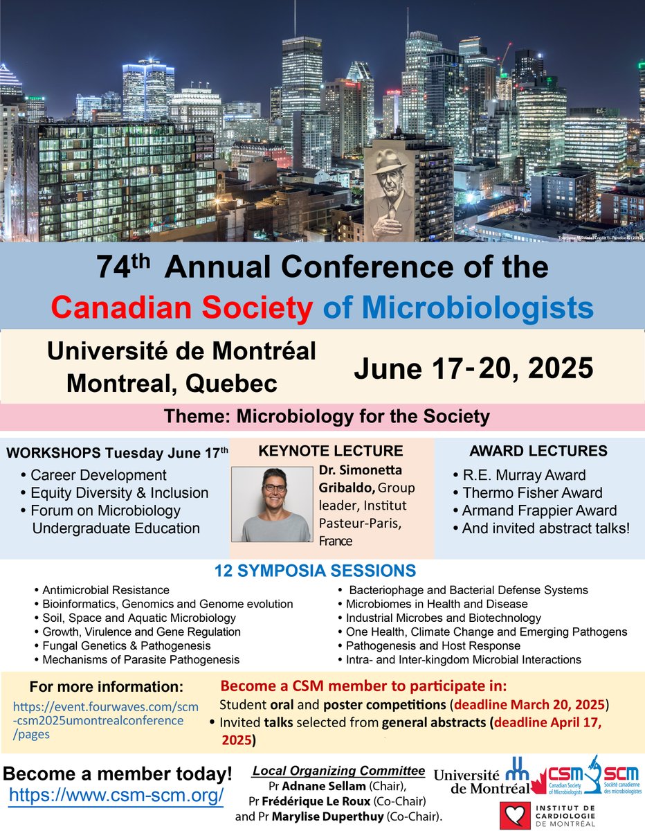 Join us at the the 74th Annual Conference of the Canadian Society of Microbiologists (CSM 2025), a premier event dedicated to the fascinating world of Microbiology! Book the date: June 17-20 at Université de Montréal. Abstract submission is now open: event.fourwaves.com/scm-csm2025umo…