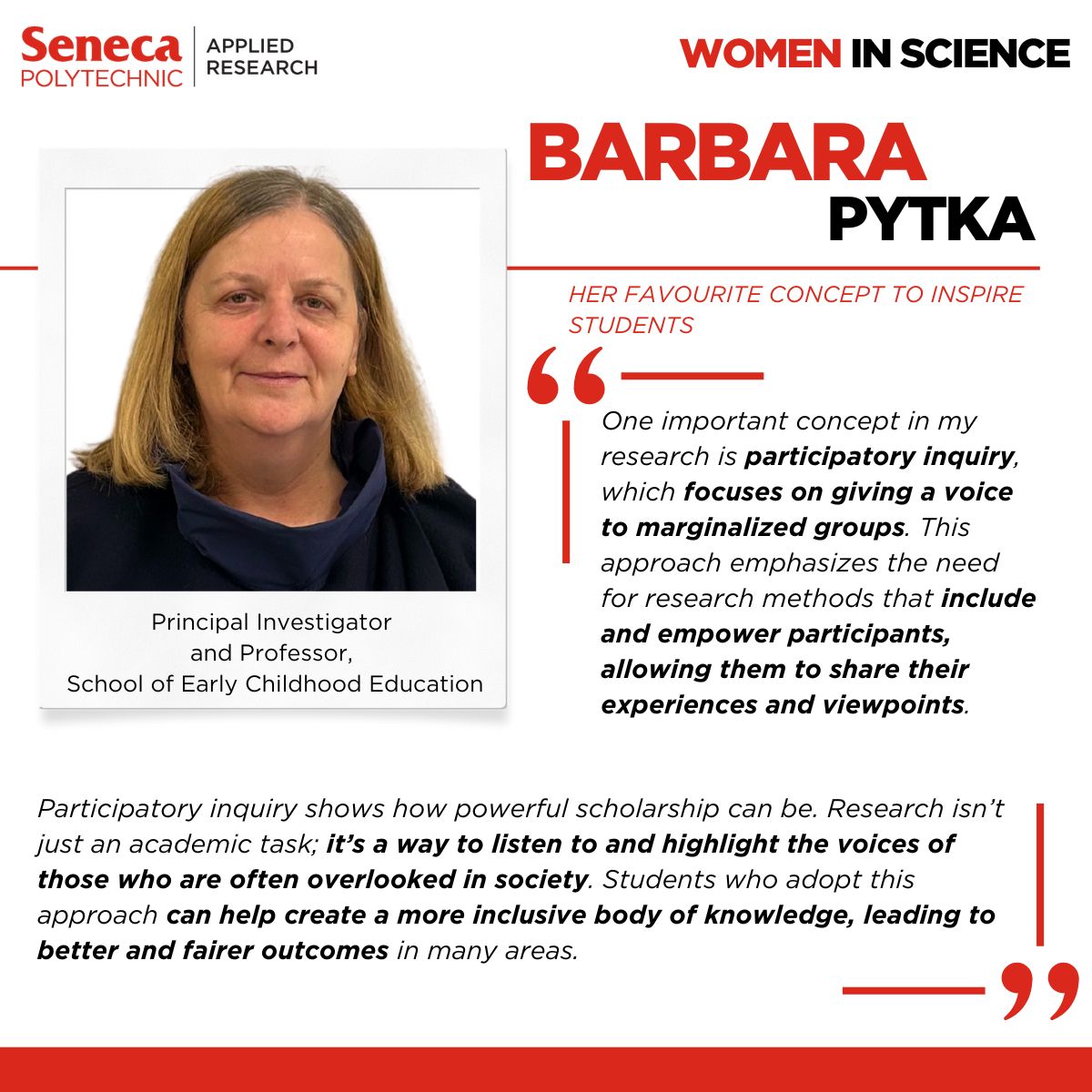 Seneca Applied Research (@seneca_research) on Twitter photo Proud to feature Barbara Pytka, Principal Investigator and Professor, School of Early Childhood Education, as part of our month-long celebration of the inspiring #WomenInResearch at <a href="/SenecaPoly/">Seneca Polytechnic</a>, for #InternationalWomensDay.
#SenecaAppliedResearch Proud to feature Barbara Pytka, Principal Investigator and Professor, School of Early Childhood Education, as part of our month-long celebration of the inspiring #WomenInResearch at <a href="/SenecaPoly/">Seneca Polytechnic</a>, for #InternationalWomensDay.
#SenecaAppliedResearch