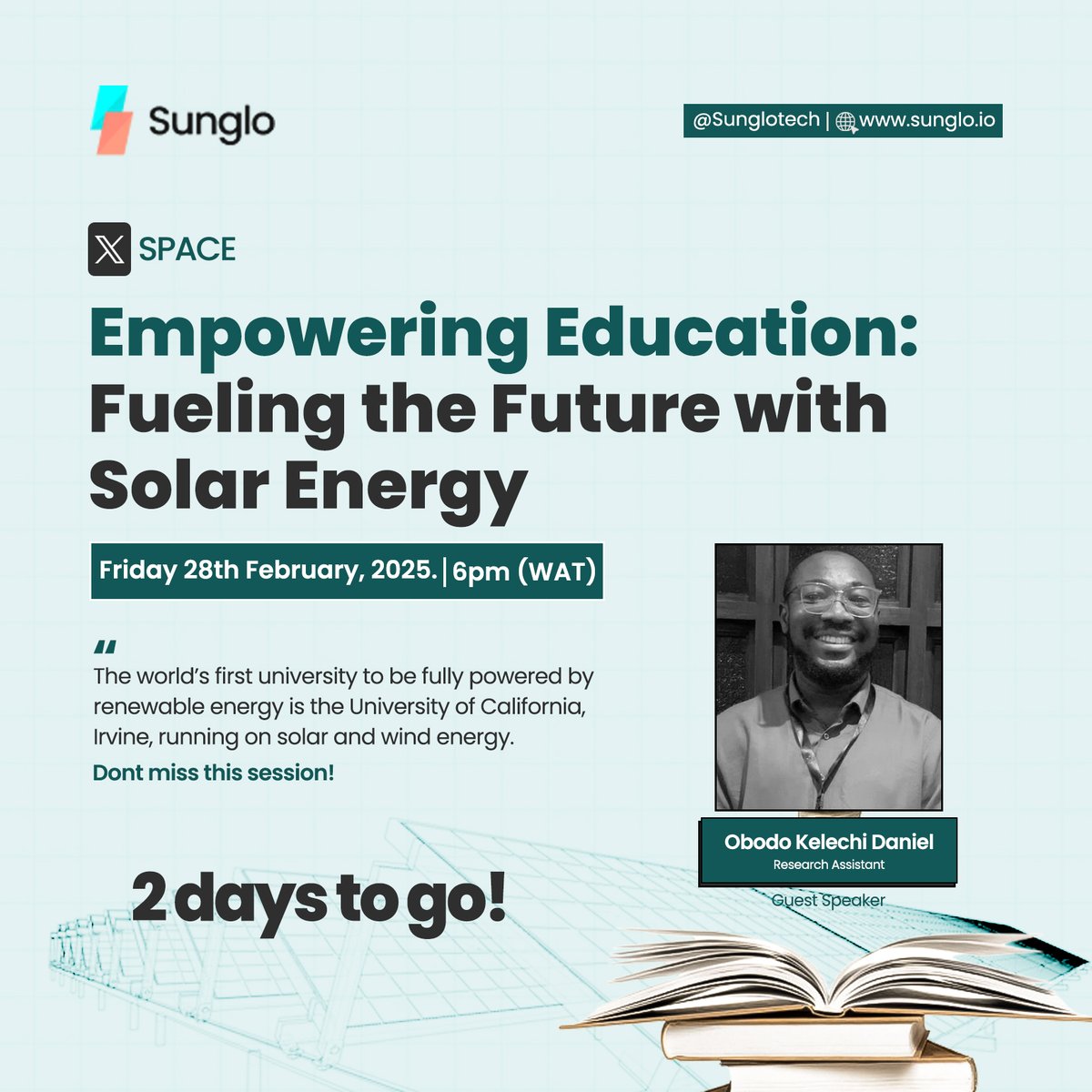 CircoolWeb's tweet photo. 2 days to go🥳🥳

Join us as we explore how solar energy is impacting the education sector.

Promises to be an educative session.

#Sunglo #20gb #Ikoyi #Whatsapp #Olamide #DStvUpgrade https://t.co/ejeOGz9xRJ