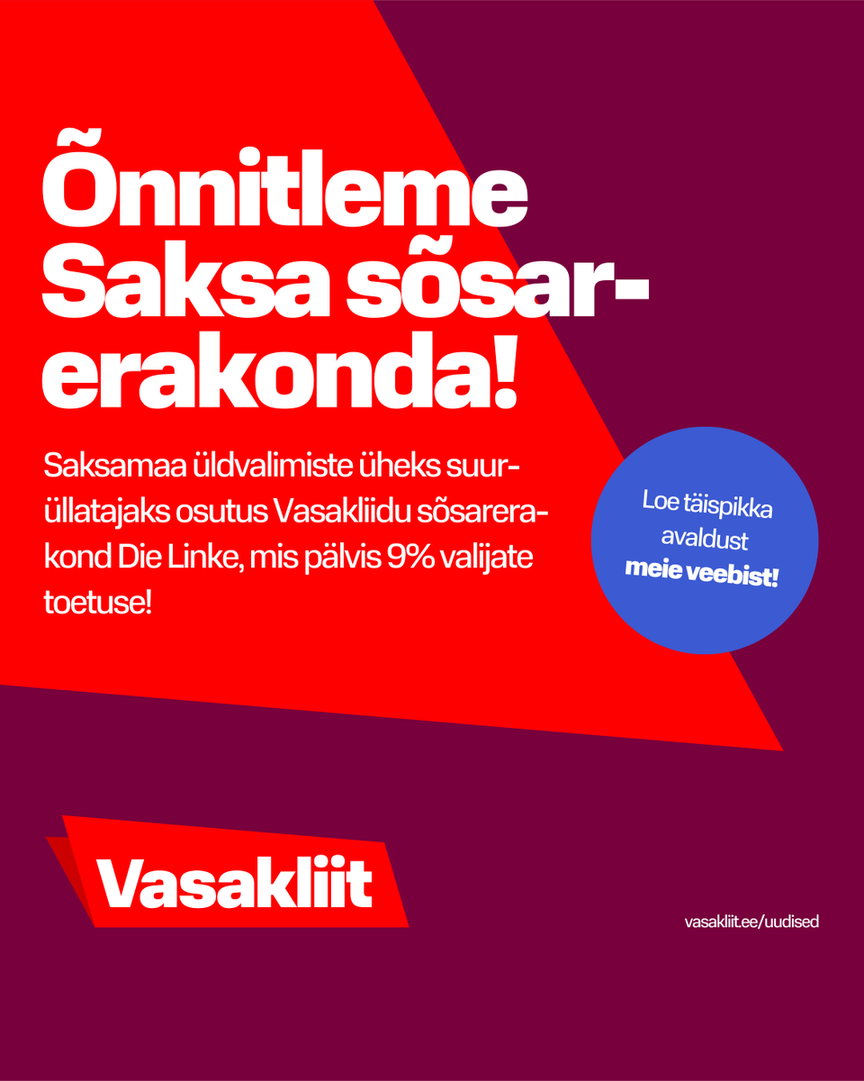 🚩 Eesti Vasakliit õnnitleb meie Euroopa parteiperre kuuluvat Saksa sõsarat Die Linket ootusi ületanud tulemuse eest Saksamaa üldvalimistel. 

Palju õnne, <a href="/dieLinke/">Die Linke</a>! Herzlichen Glückwünsch, Die Linke!

🔗 Loe täispikka avaldust meie veebist: vasakliit.ee/uudised/onnitl…