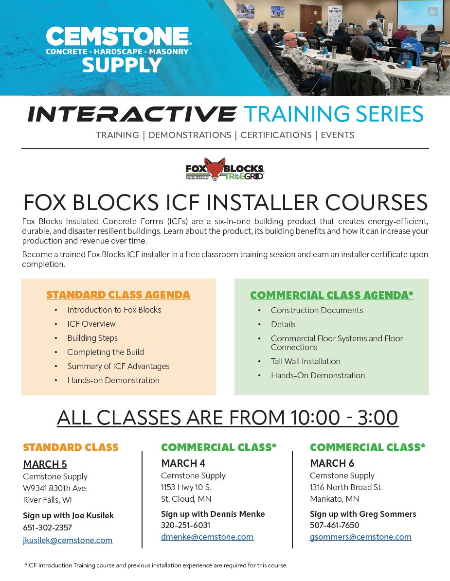 Join us for one of our ICF training sessions next week! We’ll be in River Falls, St. Cloud, and Mankato—check out the flyer for more details &amp; to sign up. #ICFs #icfconstruction #concreteconstruction
