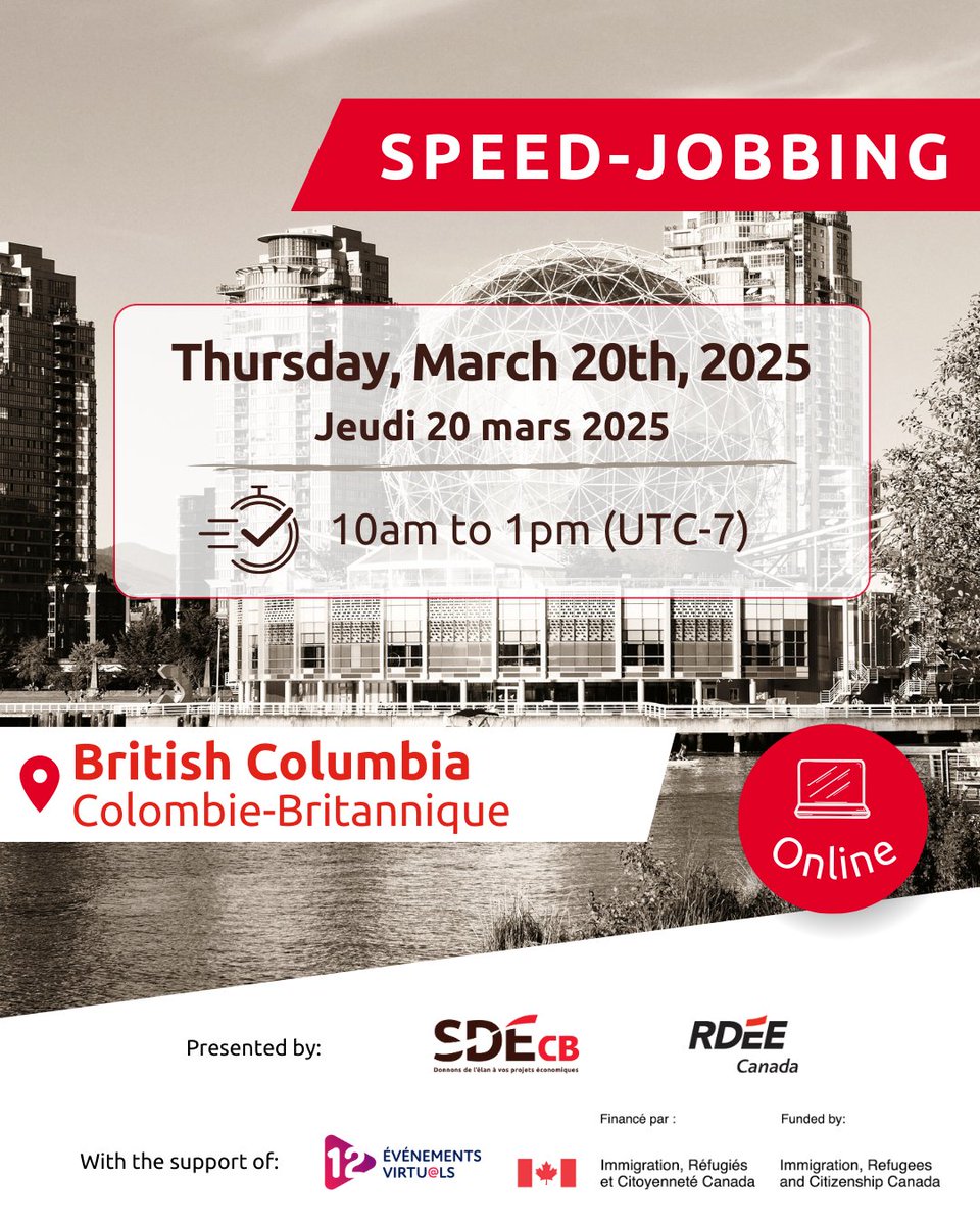 Chercheurs d'emploi, nous avons 2️⃣ rdv en mars !

👉 7 mars : session d'information "CarriELLES" : loom.ly/B0hYD4g

👉 20 mars : "Speed-Jobbing" en ligne : loom.ly/CsDqmZc

#FrancophonieCB #Santé #Recherchedemploi #Sciences