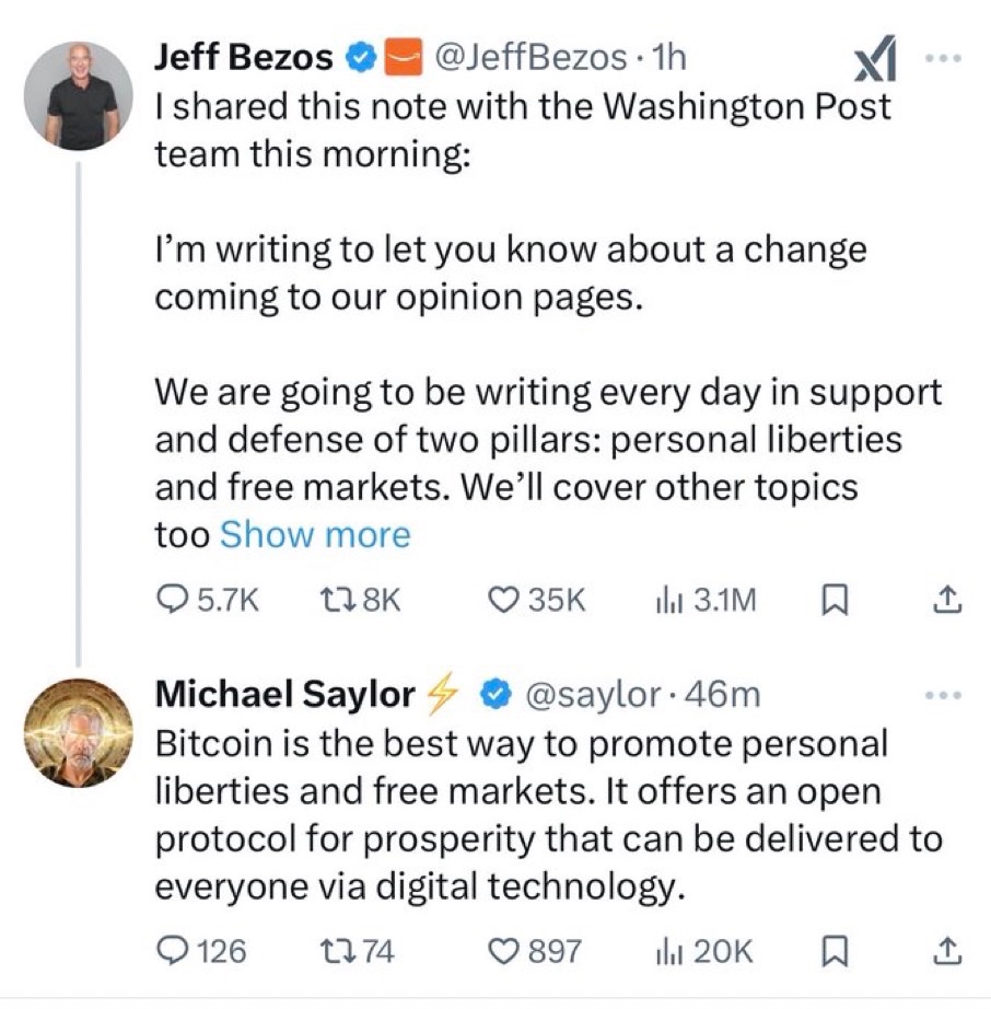 JUST IN: Michael Saylor pitches #Bitcoin to Amazon’s Jeff Bezos

Like if you think Amazon adds Bitcoin to their treasury this year.