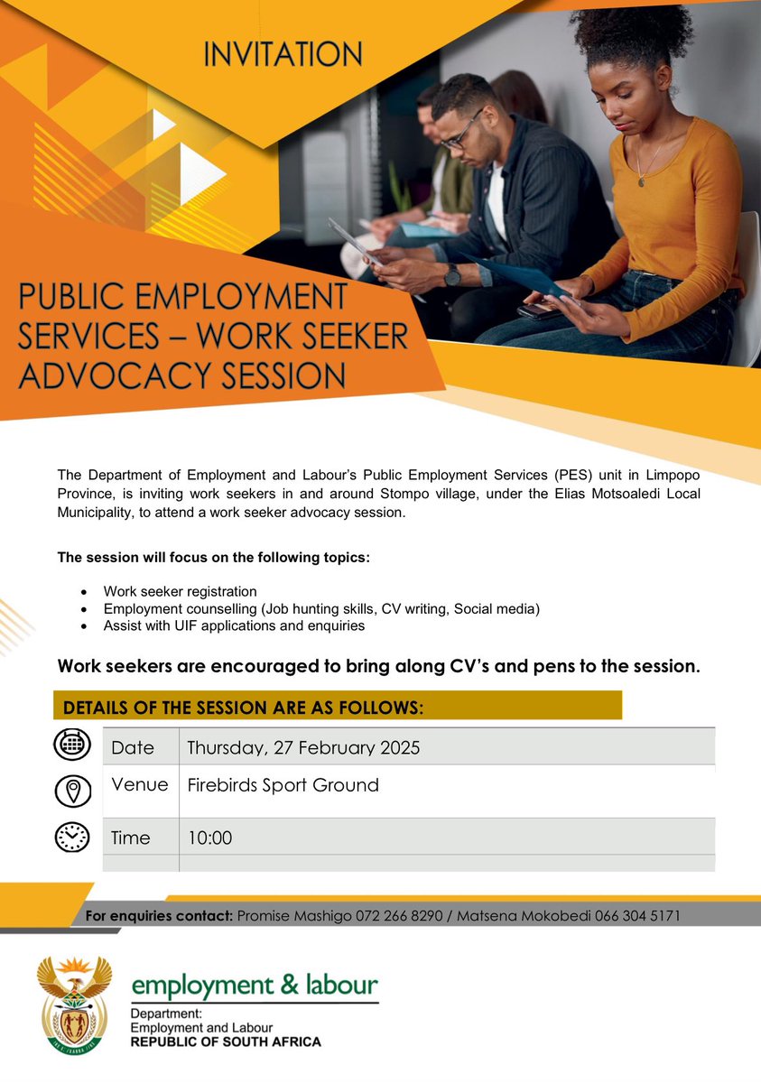 deptoflabour's tweet photo. Department of Employment and Labour's Public Employment Services (PES) unit in Limpopo Province, is inviting #workseekers around Stompo village, under the Elias Motsoaledi Local Municipality, to attend a work seeker advocacy session.
#Yazini #ServicedeliveryZA #GovZAUpdates https://t.co/IA6UG4X42N