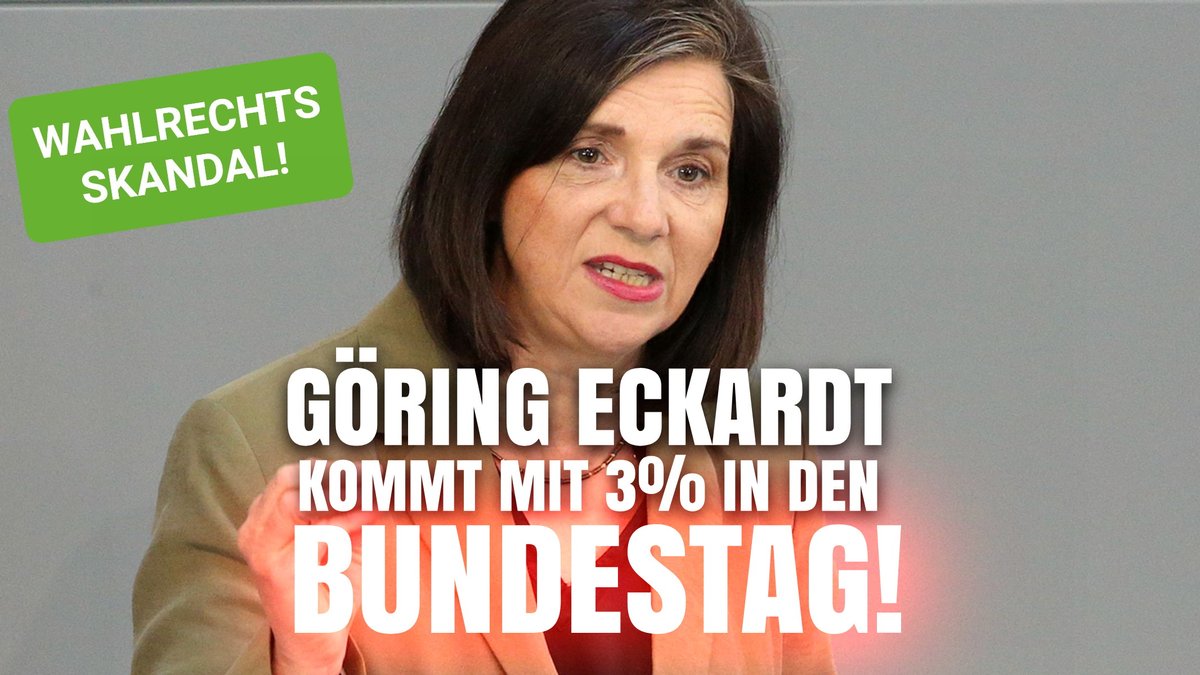 +++ARTIKEL+++
Was ein Wahlrechts-𝗦𝗞𝗔𝗡𝗗𝗔𝗟: Göring-Eckardt kommt mit 3 % in den Bundestag - echte Wahlkreis-Sieger 𝗳𝗹𝗶𝗲𝗴𝗲𝗻 𝗿𝗮𝘂𝘀!
Es ist der größte Wahnsinn dieser Bundestagswahl: 23 direkt gewählte Kandidaten werden eiskalt aus dem Parlament gekegelt, obwohl die