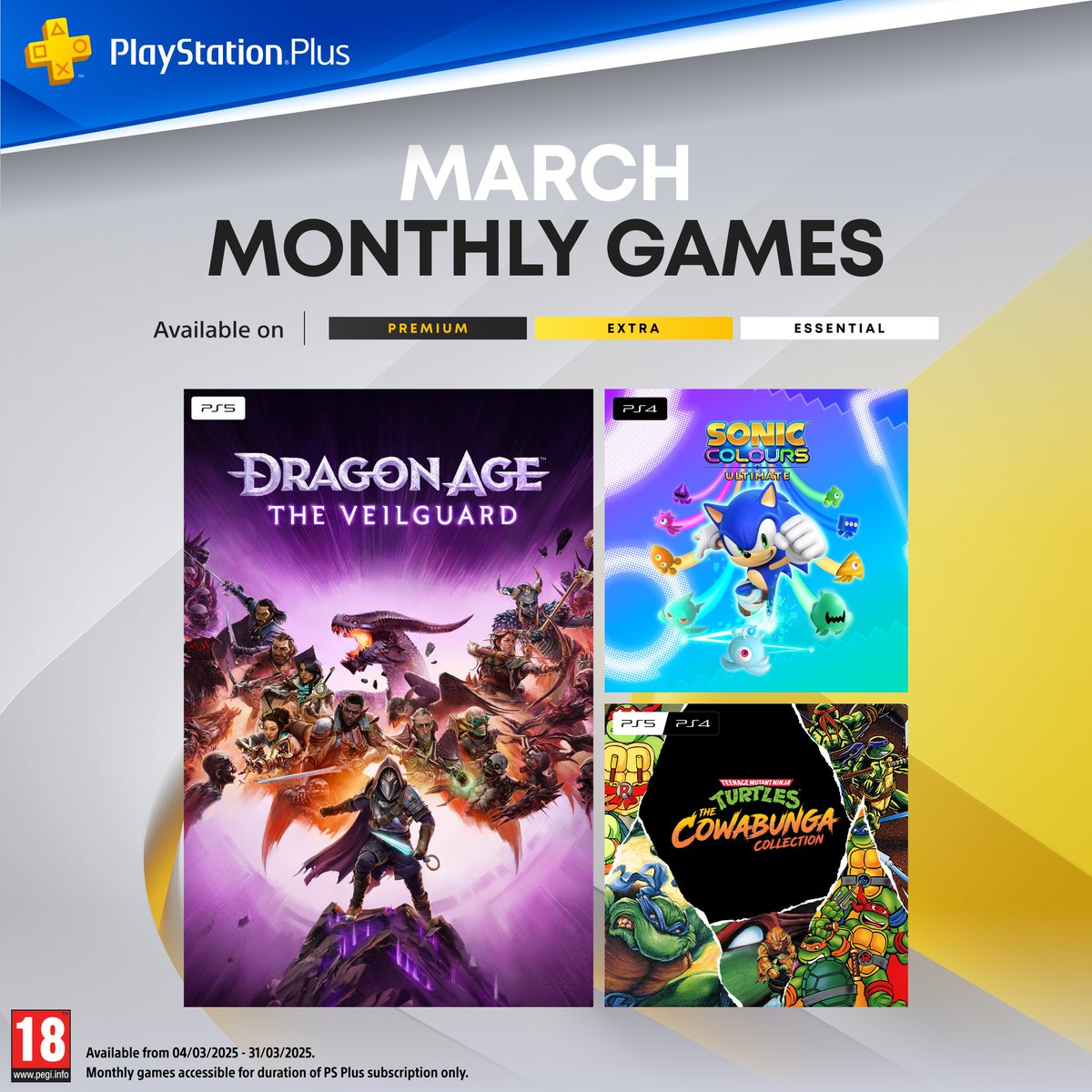 PlayStationEU's tweet photo. Your PlayStation Plus Monthly Games for March:

Dragon Age: The Veilguard 🐉
Sonic Colours: Ultimate 🔵💨
TMNT: The Cowabunga Collection 🍕
 
Full details https://t.co/vC7KyClqjN https://t.co/51mMbIaDGL